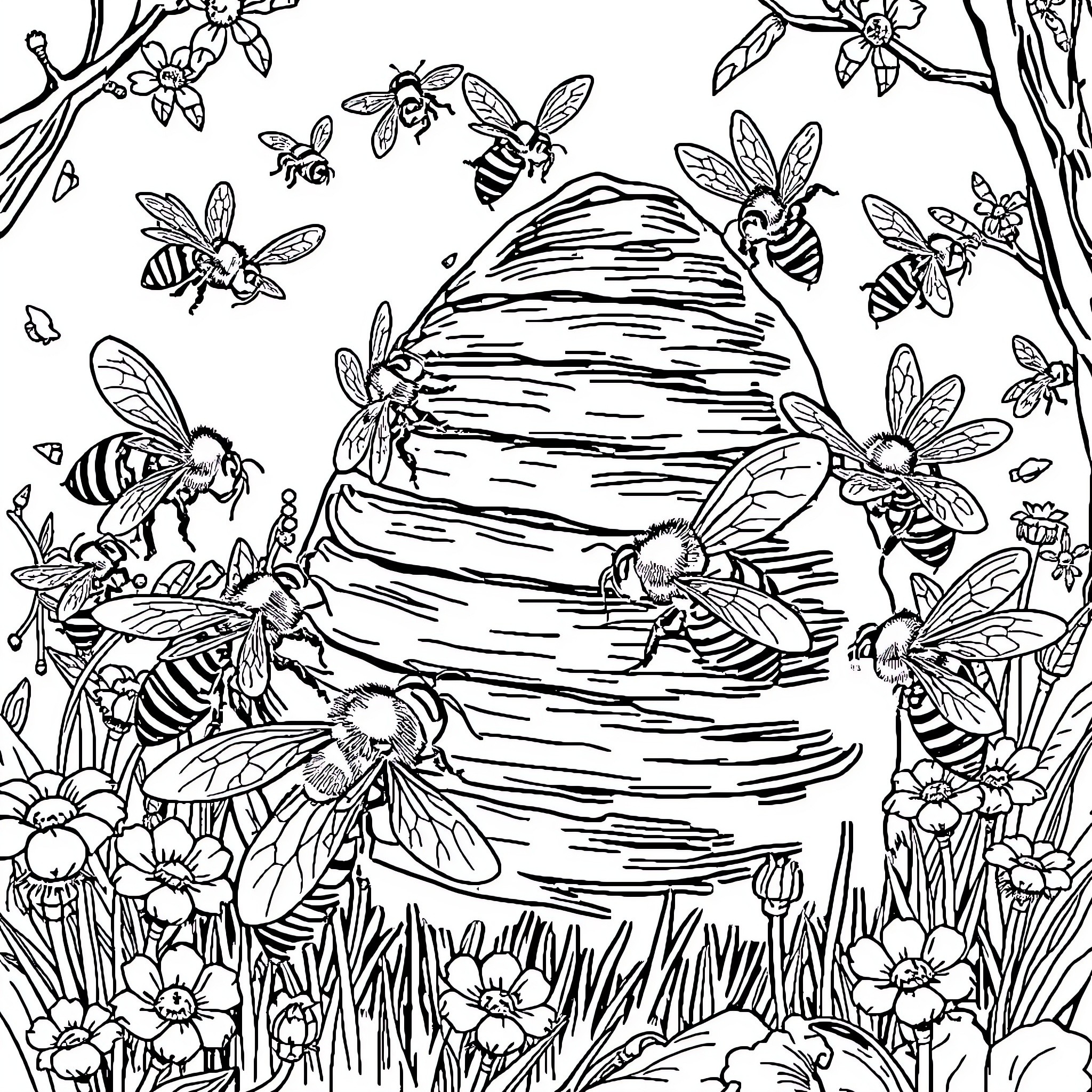 Bees swarming around a beehive in nature Coloring Page (free black-and-white line drawing printable PDF for all, from beginners to advanced learners, including children, teens, adults, and seniors)