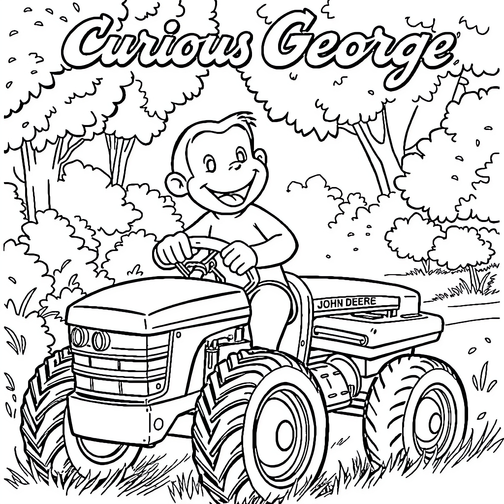 Curious George operates a tractor in the forest Coloring Page (free black-and-white line drawing printable PDF for all, from beginners to advanced learners, including children, teens, adults, and seniors)