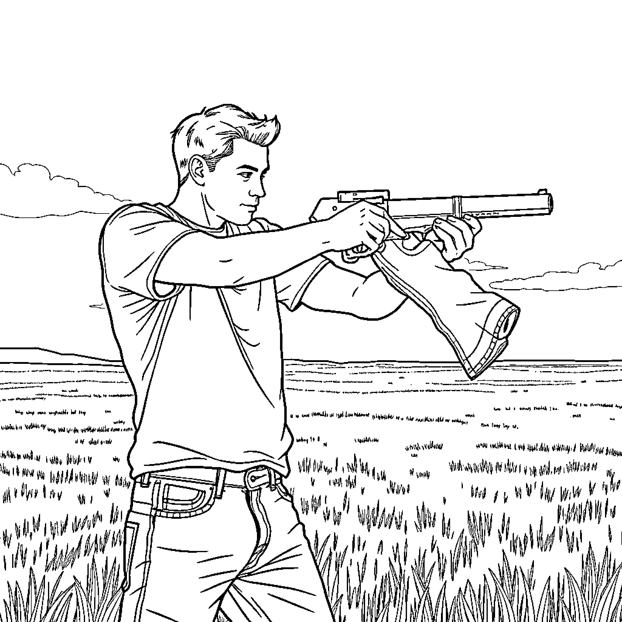 Man aiming rifle in the countryside Coloring Page (free black-and-white line drawing printable PDF for all, from beginners to advanced learners, including children, teens, adults, and seniors)