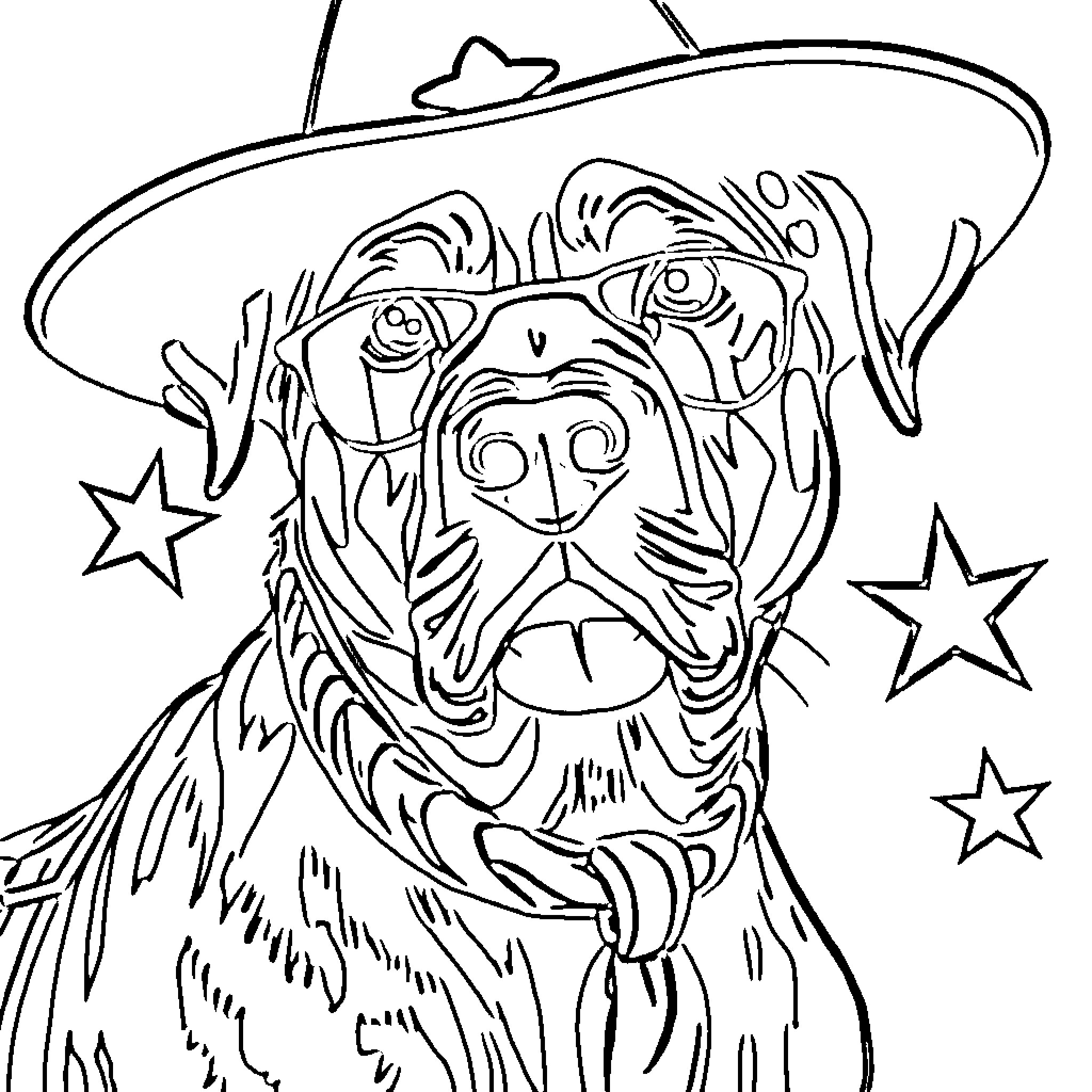 Sheriff Labrador in festive outfits with stars Coloring Page (free black-and-white line drawing printable PDF for all, from beginners to advanced learners, including children, teens, adults, and seniors)