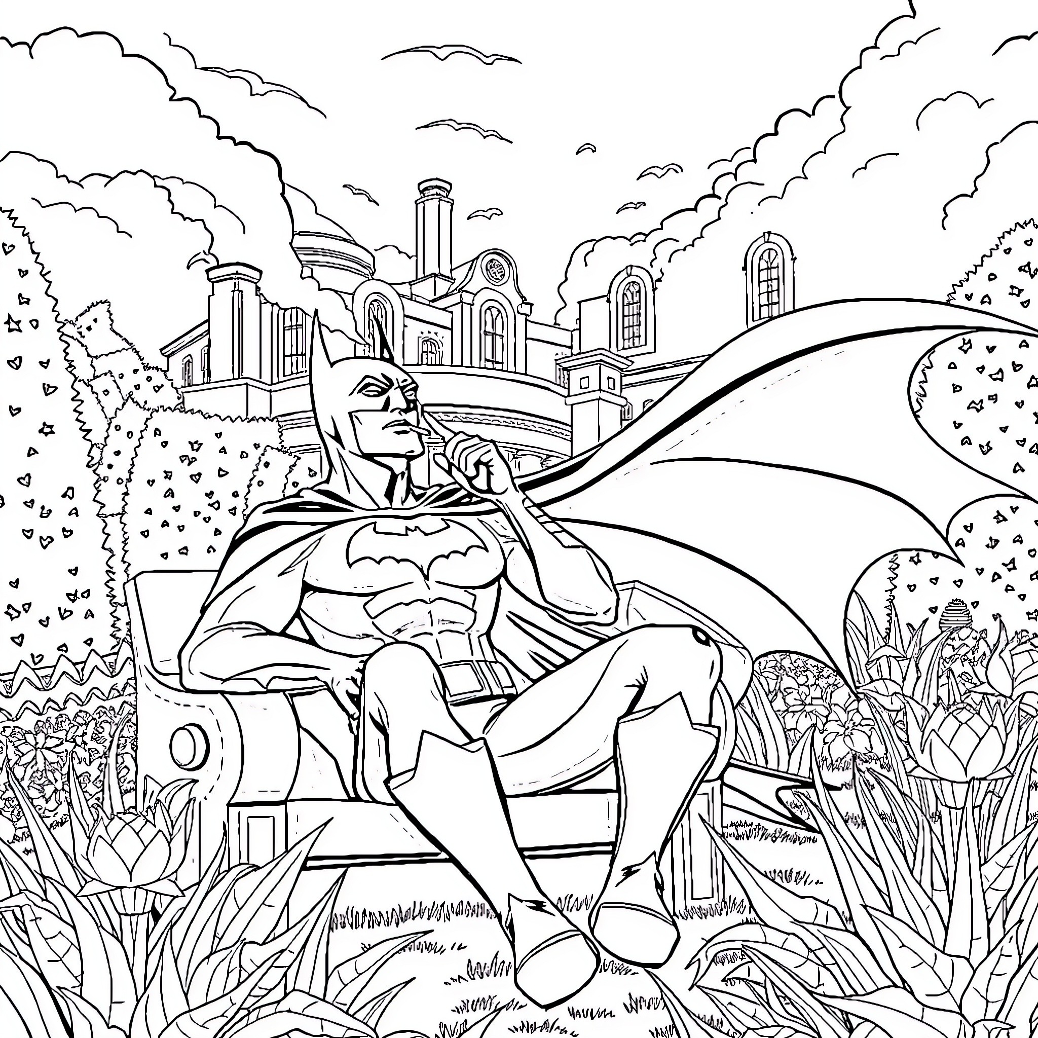 Batman contemplating his mission in the city Coloring Page (free black-and-white line drawing printable PDF for all, from beginners to advanced learners, including children, teens, adults, and seniors)