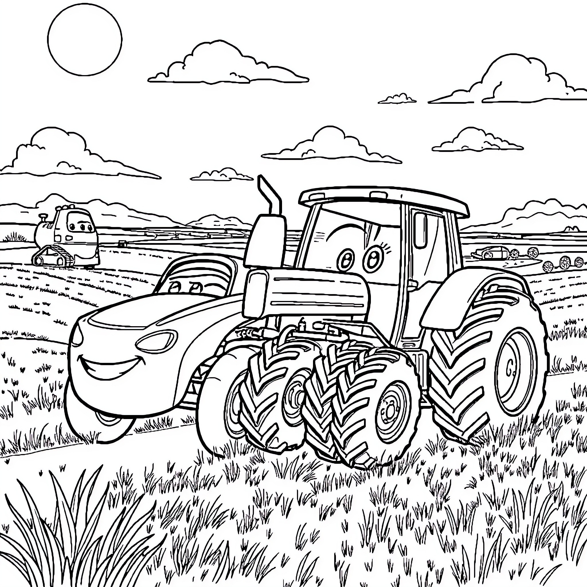 Car driving happily through a scenic countryside landscape Coloring Page (free black-and-white line drawing printable PDF for all, from beginners to advanced learners, including children, teens, adults, and seniors)