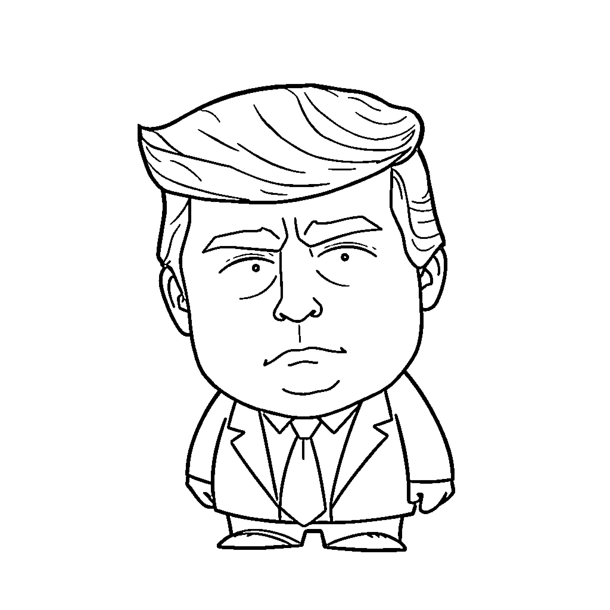 Trump in a Suit Looking Serious Coloring Page (free black-and-white line drawing printable PDF for all, from beginners to advanced learners, including children, teens, adults, and seniors)