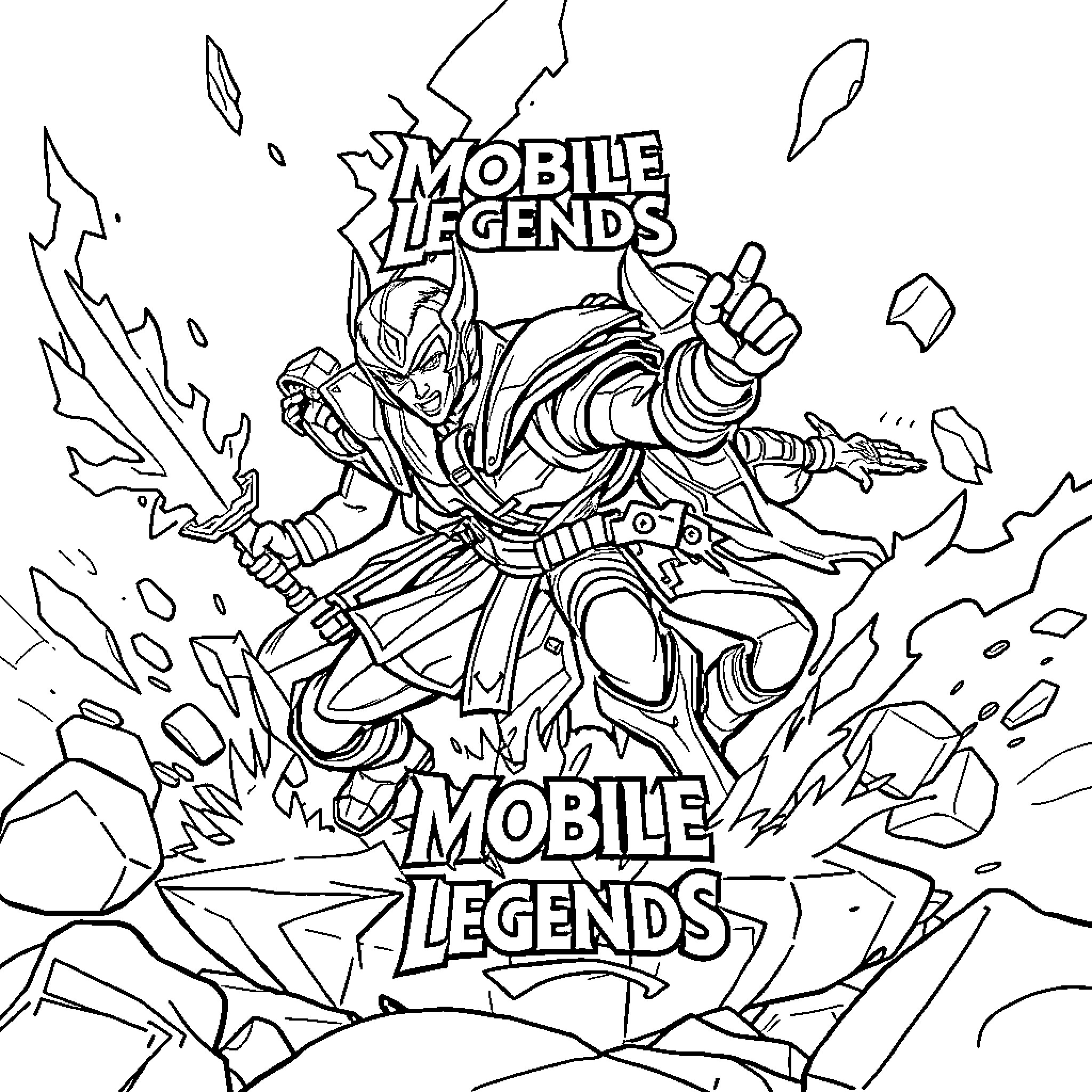 Mobile Legends Heroic Warrior in Action Coloring Page (free black-and-white line drawing printable PDF for all, from beginners to advanced learners, including children, teens, adults, and seniors)