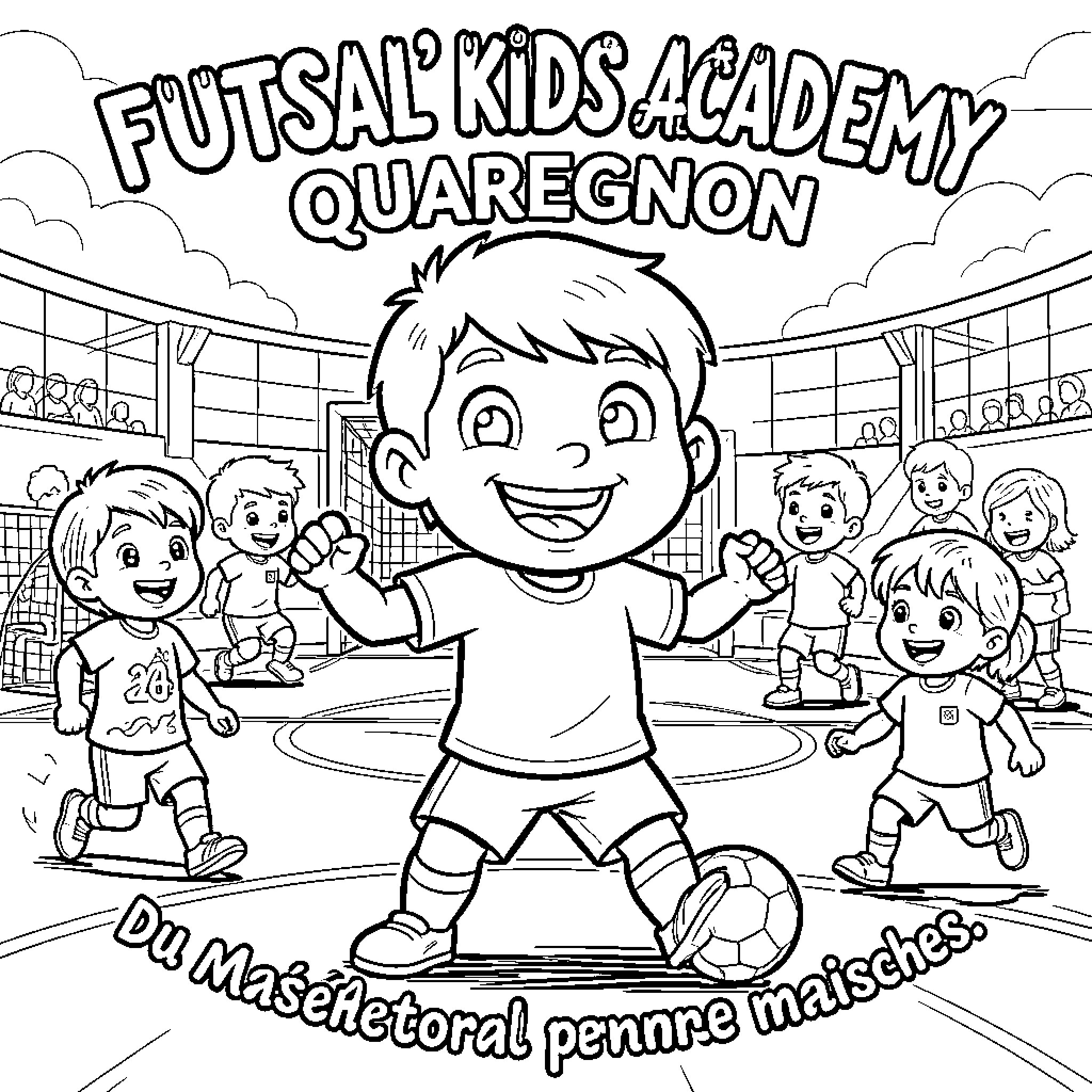 Mascot children playing futsal excitedly on a court Coloring Page (free black-and-white line drawing printable PDF for all, from beginners to advanced learners, including children, teens, adults, and seniors)