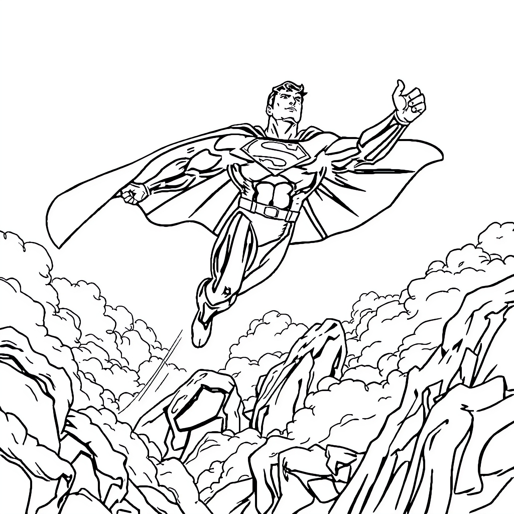 Superman soaring heroically through the sky Coloring Page (free black-and-white line drawing printable PDF for all, from beginners to advanced learners, including children, teens, adults, and seniors)