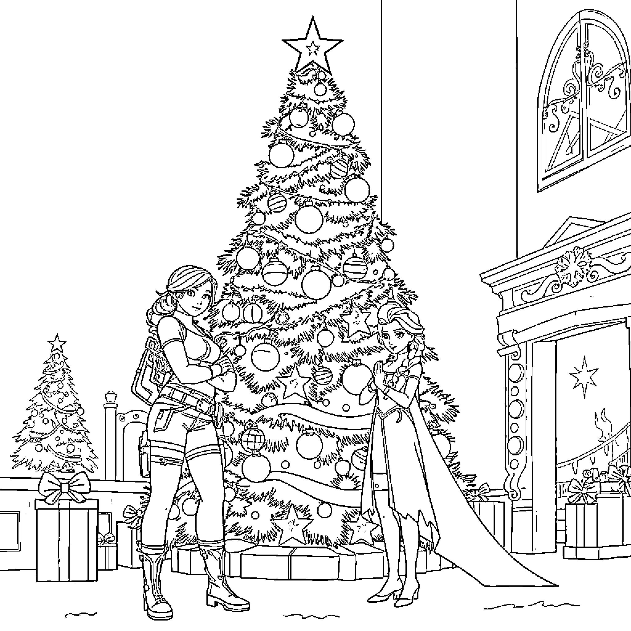 Lara Croft Decorating a Christmas Tree in a Holiday Scene Coloring Page (free black-and-white line drawing printable PDF for all, from beginners to advanced learners, including children, teens, adults, and seniors)