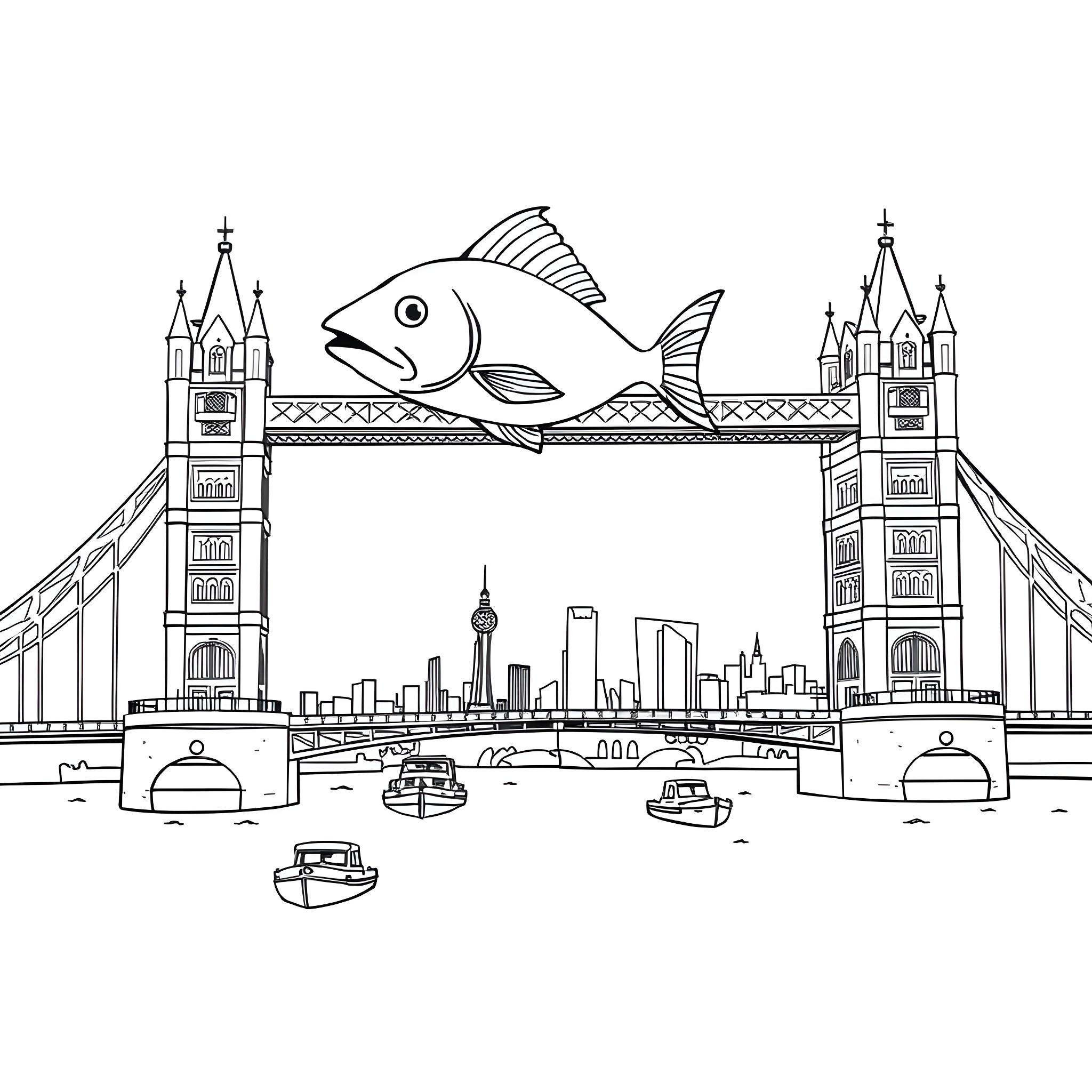 Fish swimming over iconic Tower Bridge Coloring Page (free black-and-white line drawing printable PDF for all, from beginners to advanced learners, including children, teens, adults, and seniors)