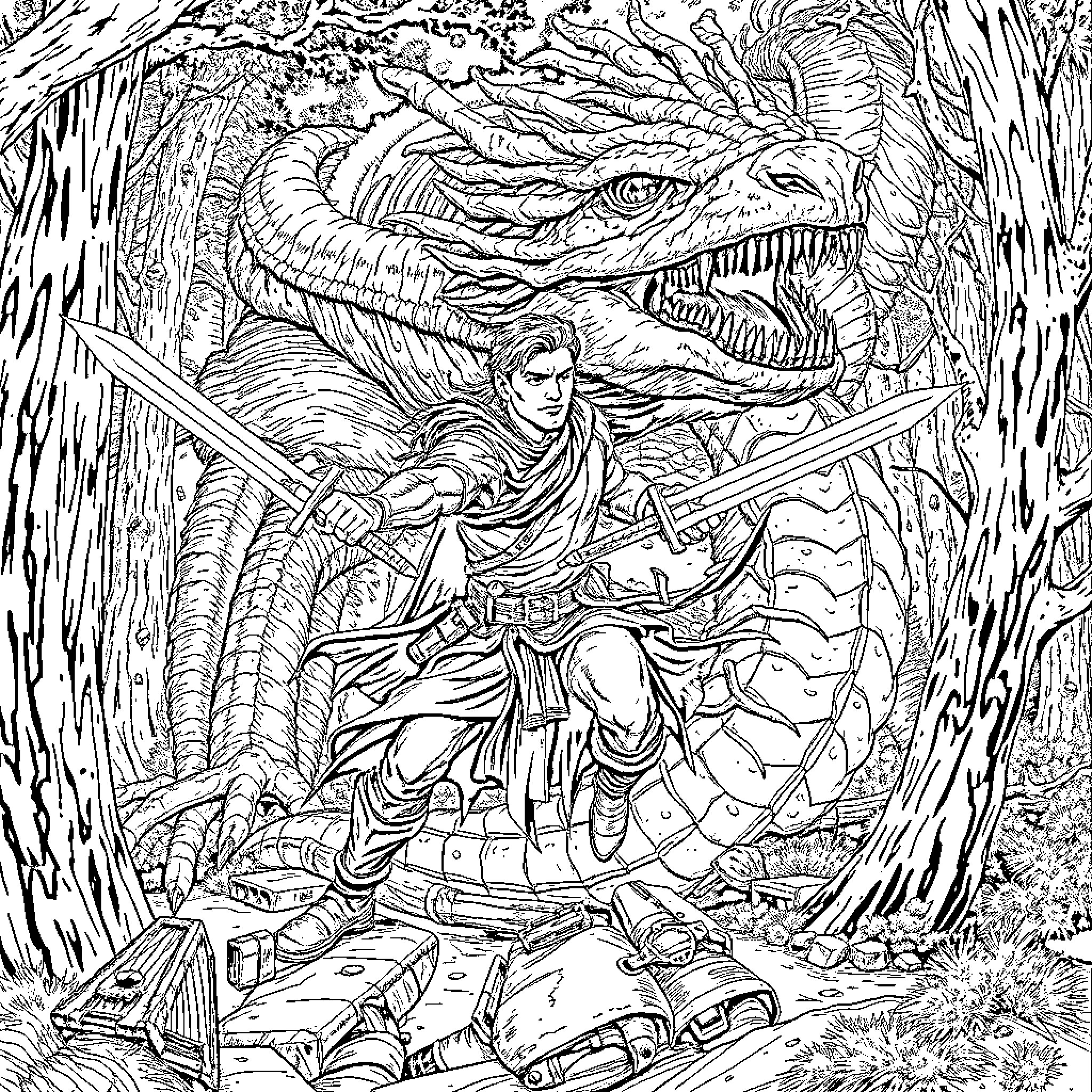 Drizzt's Confrontation with the Fearsome Dragon Coloring Page (free black-and-white line drawing printable PDF for all, from beginners to advanced learners, including children, teens, adults, and seniors)