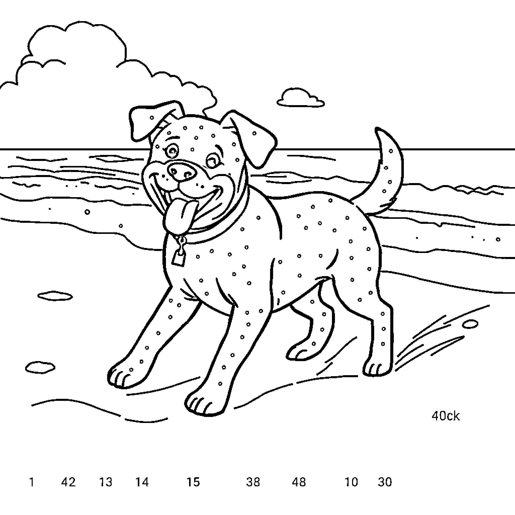 Dog playing happily at the beach Coloring Page (free black-and-white line drawing printable PDF for all, from beginners to advanced learners, including children, teens, adults, and seniors)