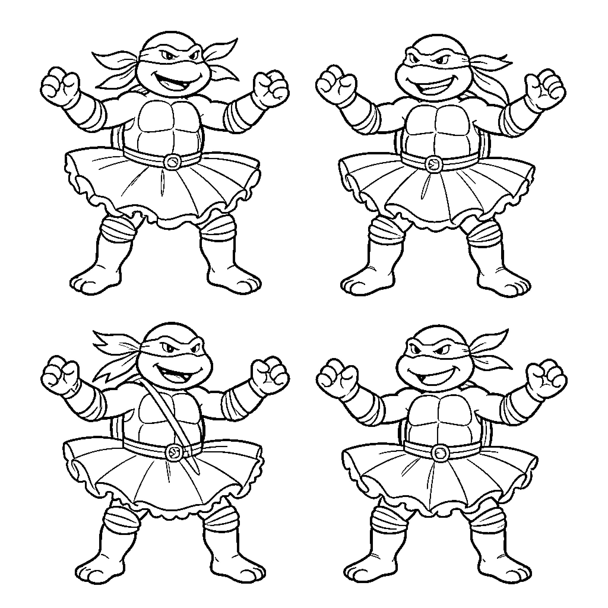 Ninja Turtles striking various poses Coloring Page (free black-and-white line drawing printable PDF for all, from beginners to advanced learners, including children, teens, adults, and seniors)