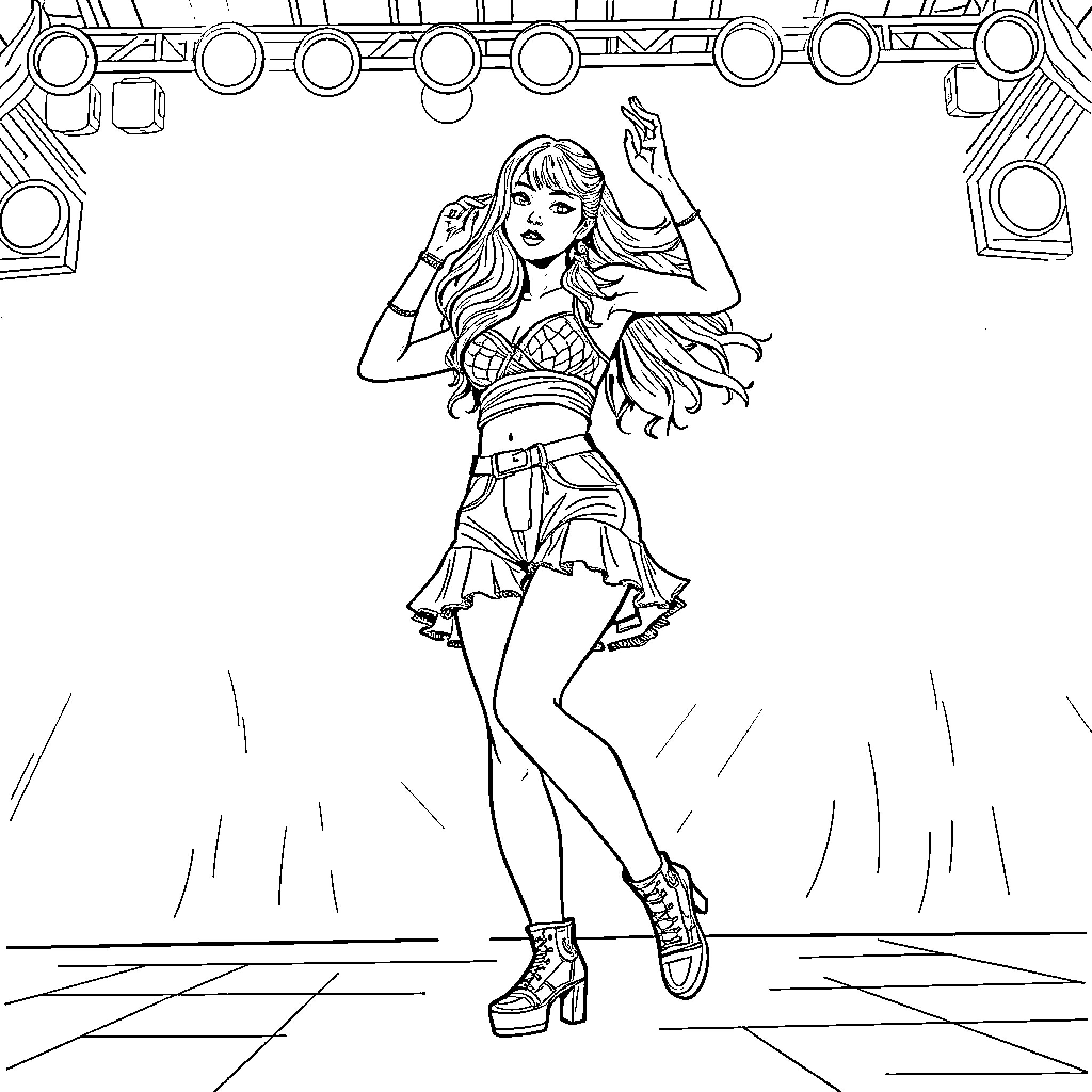 Kpop Performer Showcasing Energetic Dance Moves Coloring Page (free black-and-white line drawing printable PDF for all, from beginners to advanced learners, including children, teens, adults, and seniors)