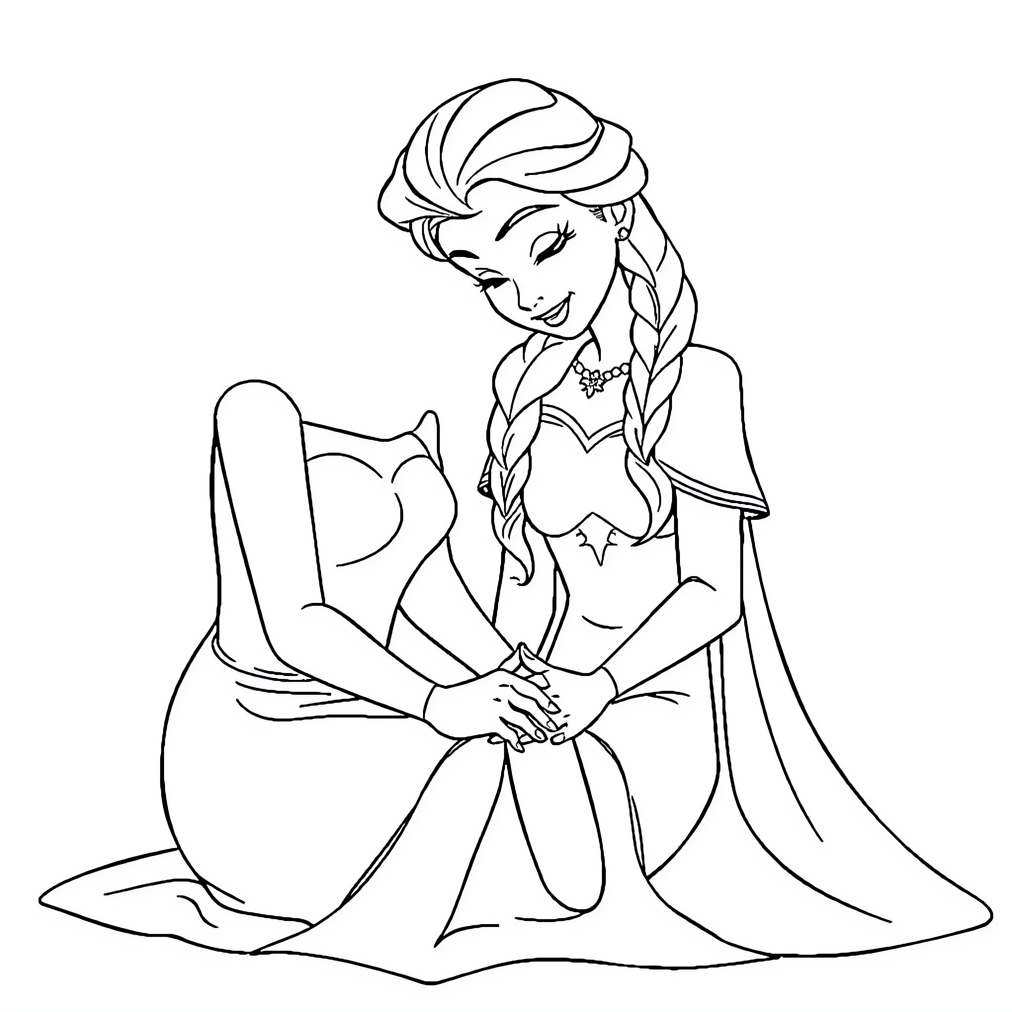 Elsa sitting gracefully with a warm smile Coloring Page (free black-and-white line drawing printable PDF for all, from beginners to advanced learners, including children, teens, adults, and seniors)