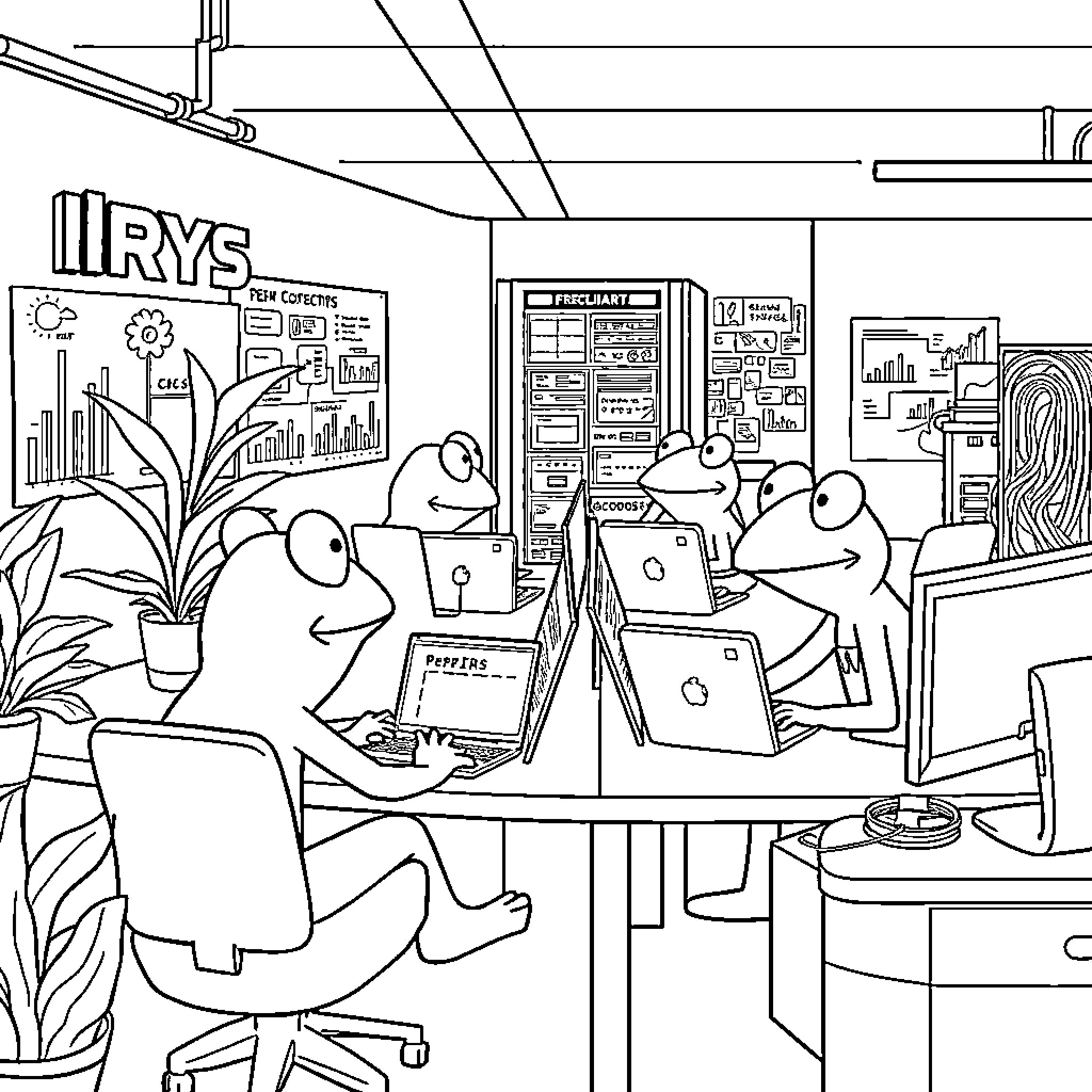 Pepe frogs working diligently in the office Coloring Page (free black-and-white line drawing printable PDF for all, from beginners to advanced learners, including children, teens, adults, and seniors)