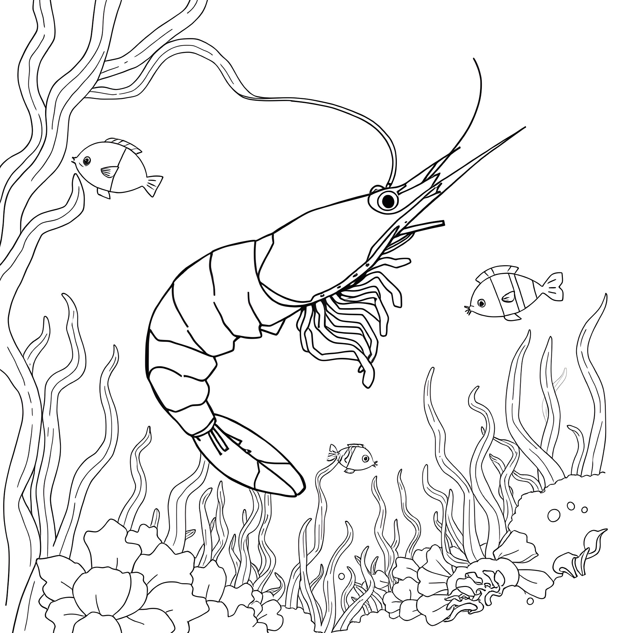 Shrimp swimming through an underwater coral reef scene Coloring Page (free black-and-white line drawing printable PDF for all, from beginners to advanced learners, including children, teens, adults, and seniors)