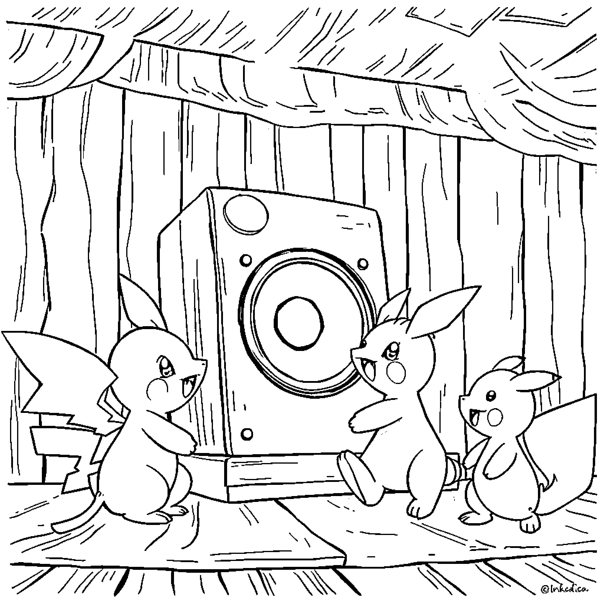 Pokémon enjoying a music performance together Coloring Page (free black-and-white line drawing printable PDF for all, from beginners to advanced learners, including children, teens, adults, and seniors)