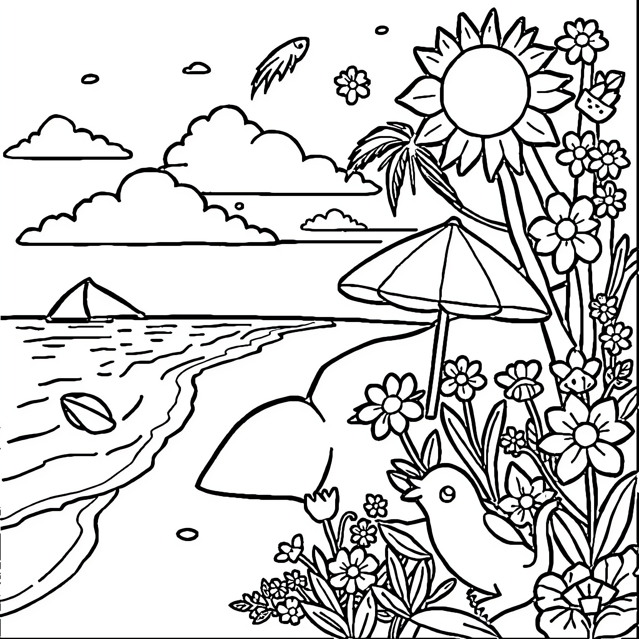Summer by the Seaside with Flowers and Sun Coloring Page (free black-and-white line drawing printable PDF for all, from beginners to advanced learners, including children, teens, adults, and seniors)