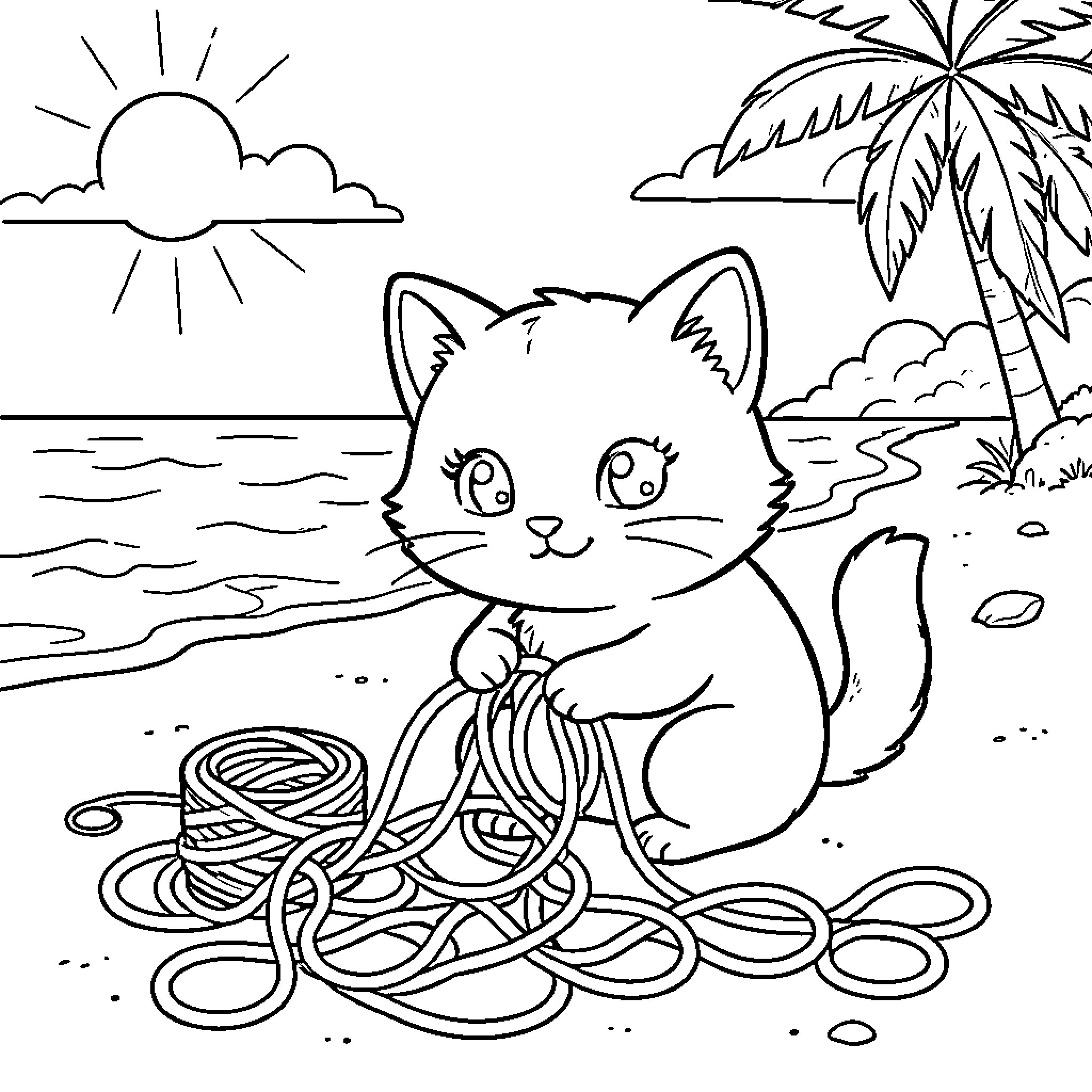 Cat Playing with Yarn on the Beach Coloring Page (free black-and-white line drawing printable PDF for all, from beginners to advanced learners, including children, teens, adults, and seniors)