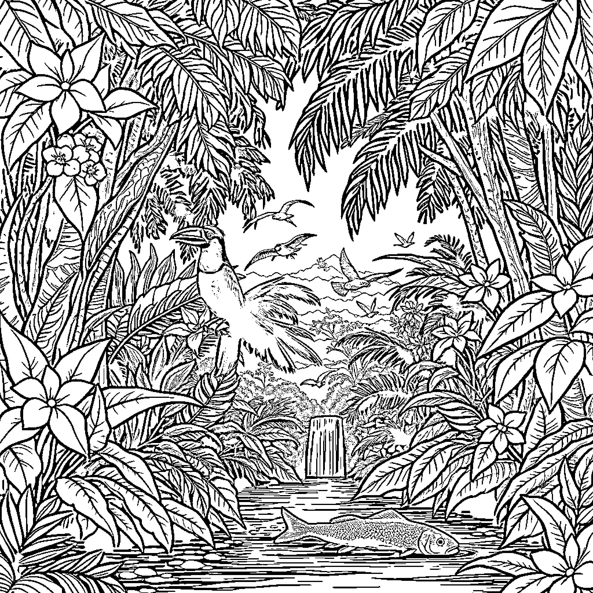 Amazon Rainforest scenic landscape with wildlife Coloring Page (free black-and-white line drawing printable PDF for all, from beginners to advanced learners, including children, teens, adults, and seniors)
