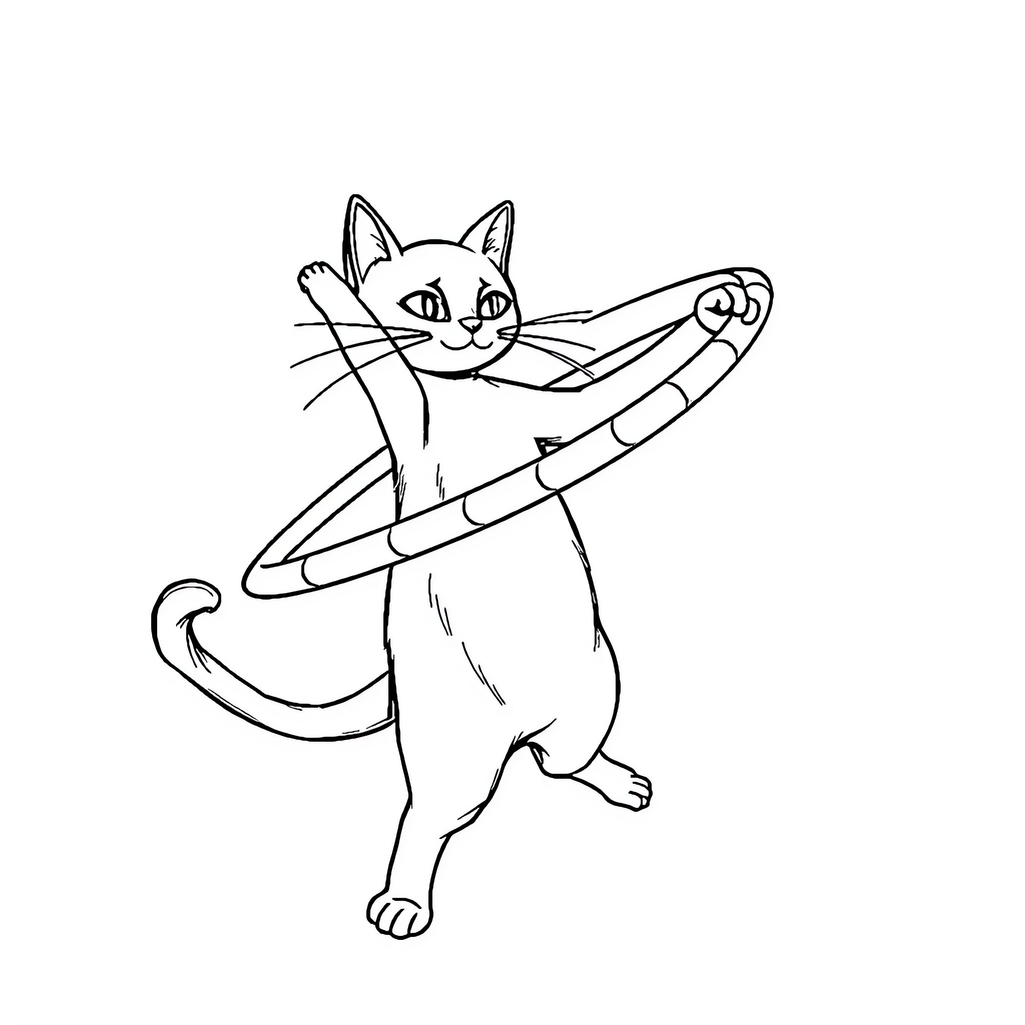 Cat playing with hula hoop Coloring Page (free black-and-white line drawing printable PDF for all, from beginners to advanced learners, including children, teens, adults, and seniors)