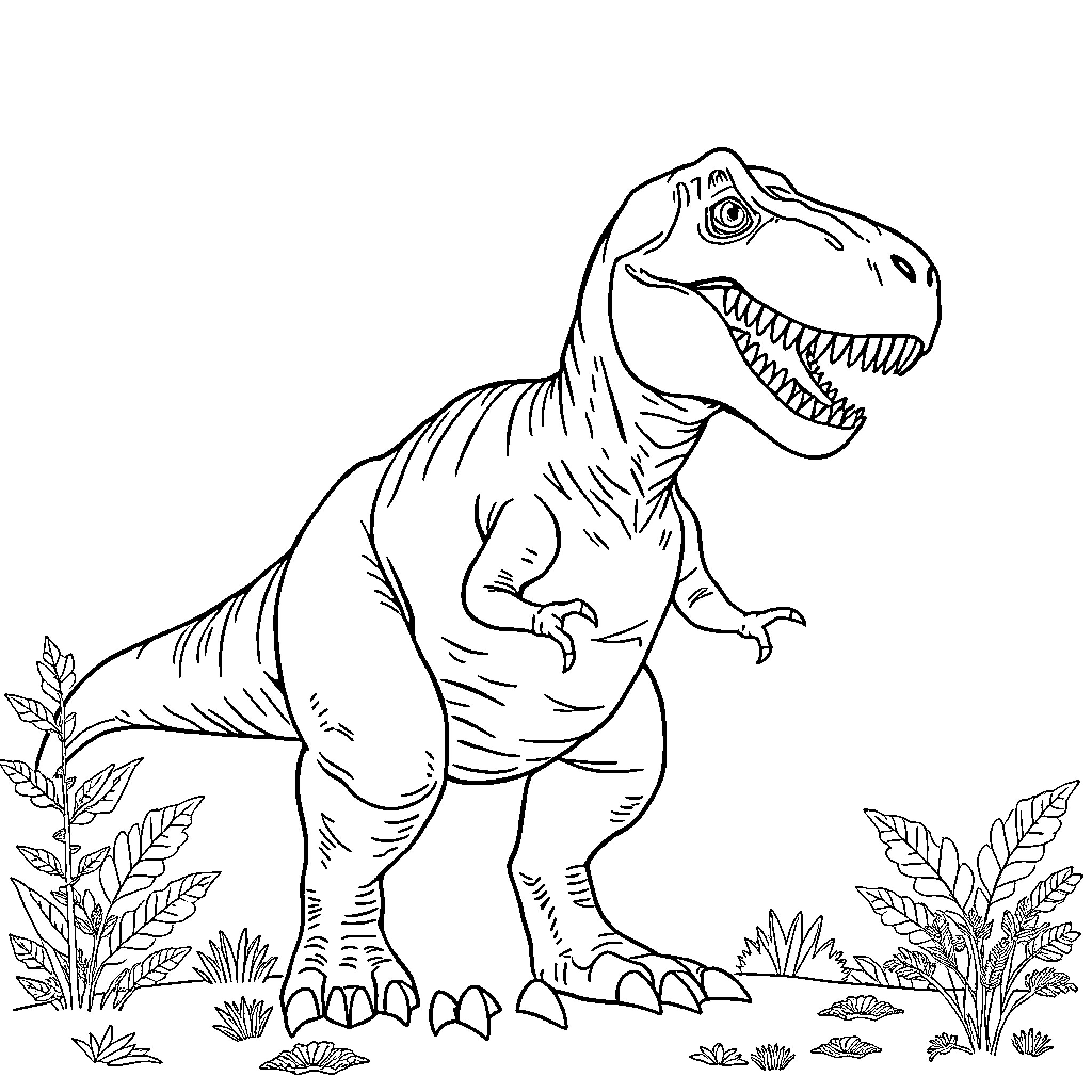 T-Rex hunting in prehistoric landscape Coloring Page (free black-and-white line drawing printable PDF for all, from beginners to advanced learners, including children, teens, adults, and seniors)