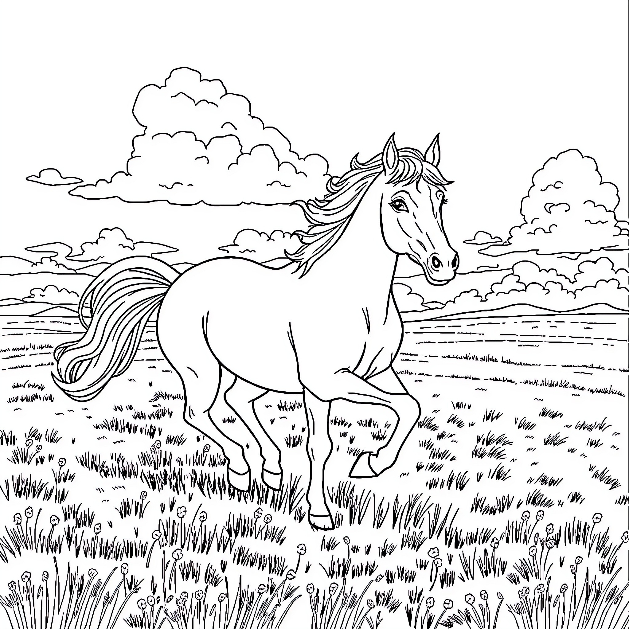 Pony running freely through a grassy field Coloring Page (free black-and-white line drawing printable PDF for all, from beginners to advanced learners, including children, teens, adults, and seniors)