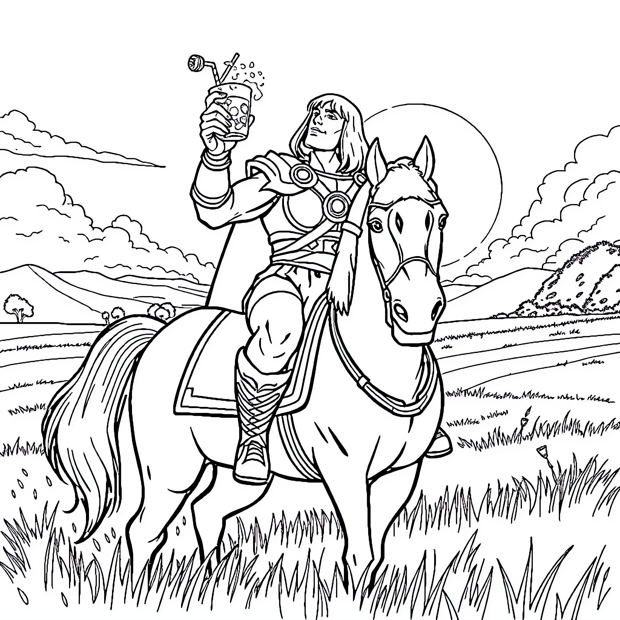 He-Man riding heroically on a powerful horse Coloring Page (free black-and-white line drawing printable PDF for all, from beginners to advanced learners, including children, teens, adults, and seniors)