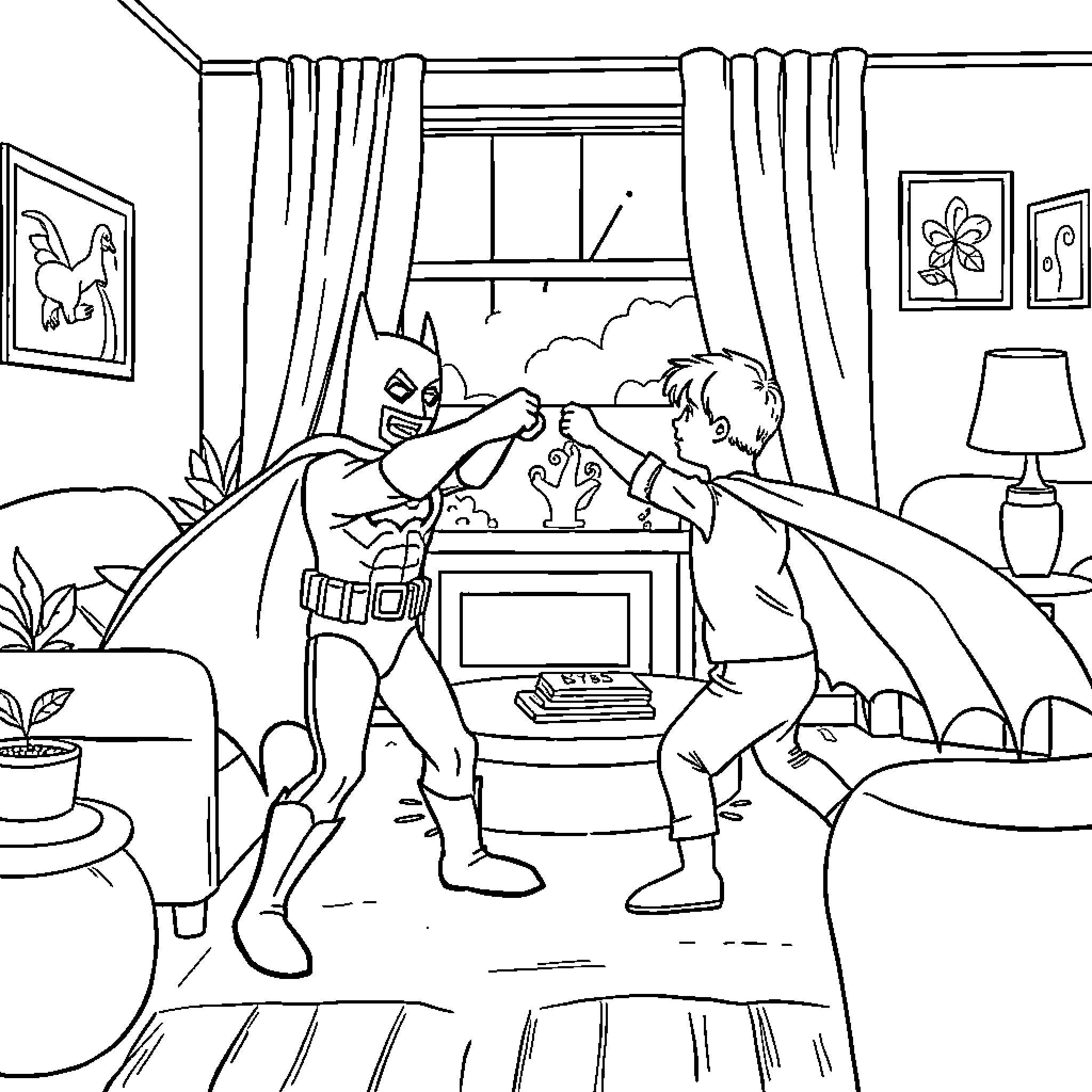 Child Enjoying Imaginary Adventure with Superhero Coloring Page (free black-and-white line drawing printable PDF for all, from beginners to advanced learners, including children, teens, adults, and seniors)
