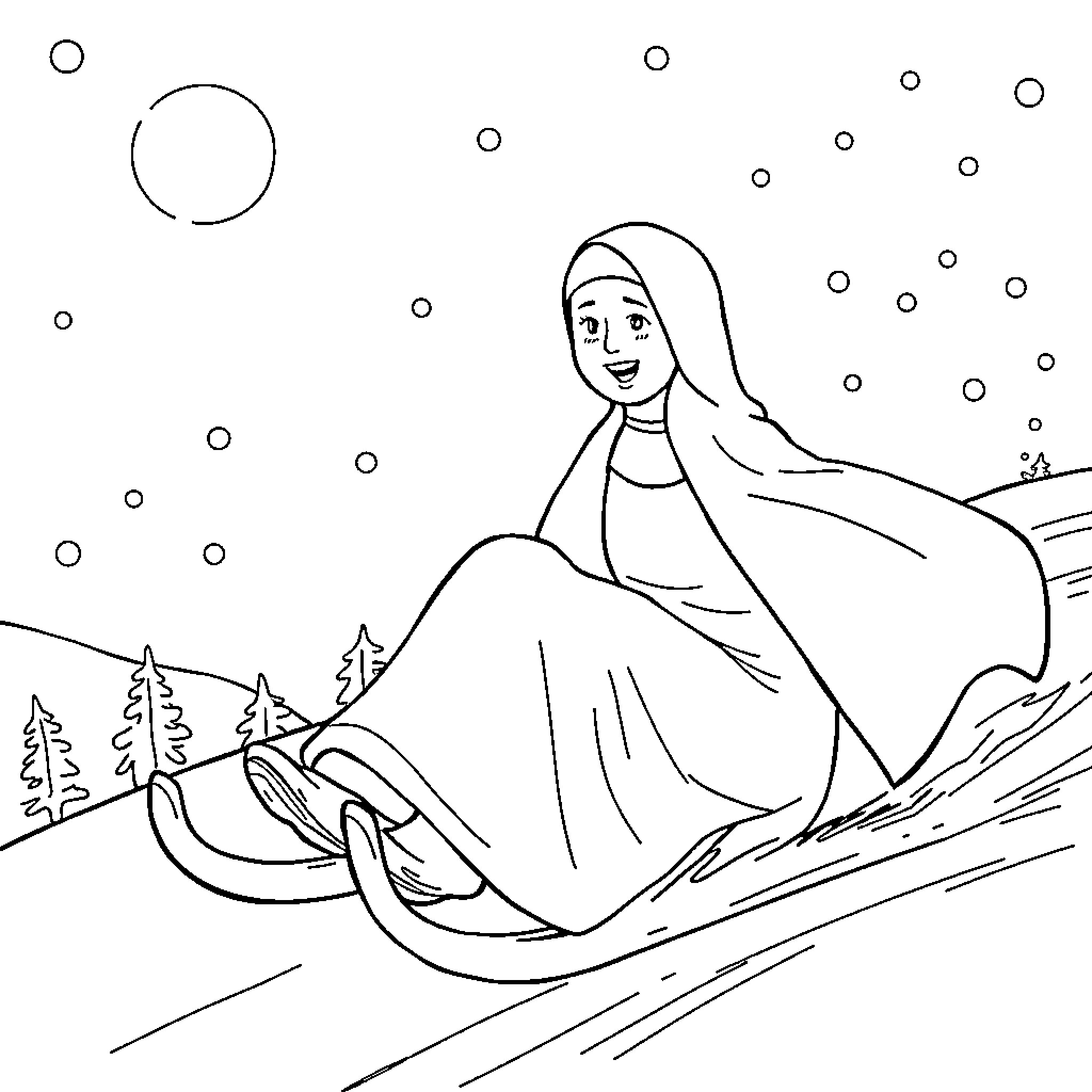 Nun enjoying a sleigh ride through the snowy landscape Coloring Page (free black-and-white line drawing printable PDF for all, from beginners to advanced learners, including children, teens, adults, and seniors)