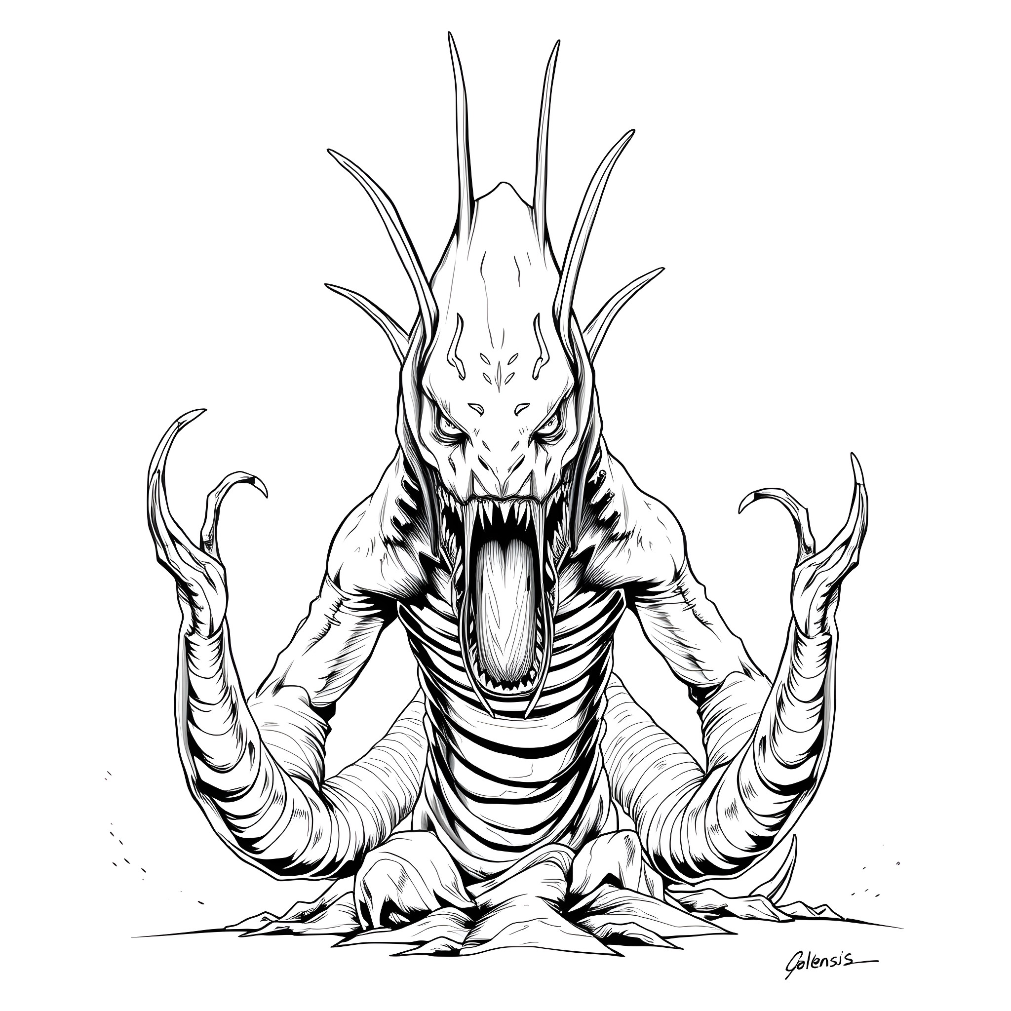 Nemesis - Ferocious Otherworldly Creature Awakens Coloring Page (free black-and-white line drawing printable PDF for all, from beginners to advanced learners, including children, teens, adults, and seniors)