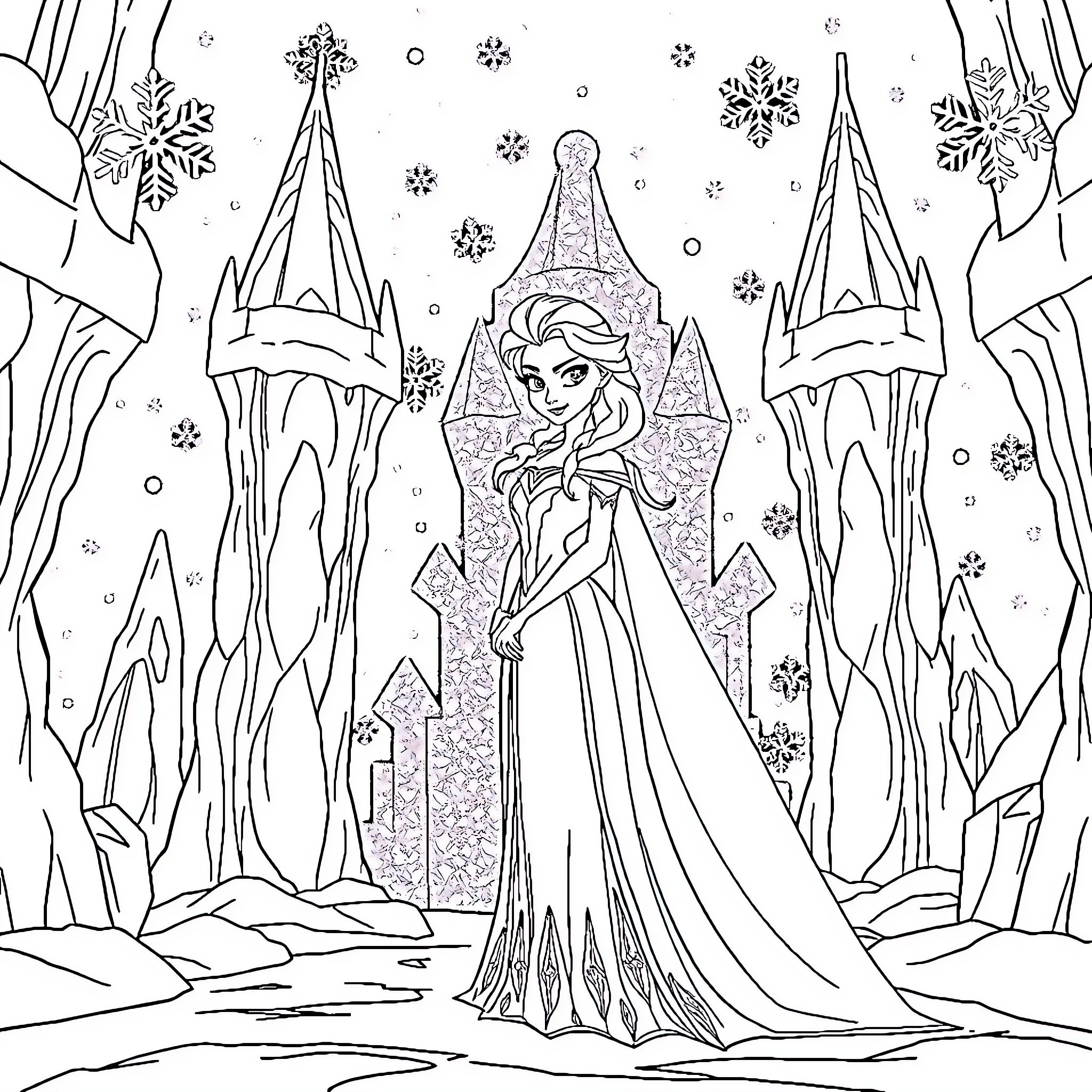 Elsa's Snowy Wonderland Adventure Coloring Page (free black-and-white line drawing printable PDF for all, from beginners to advanced learners, including children, teens, adults, and seniors)