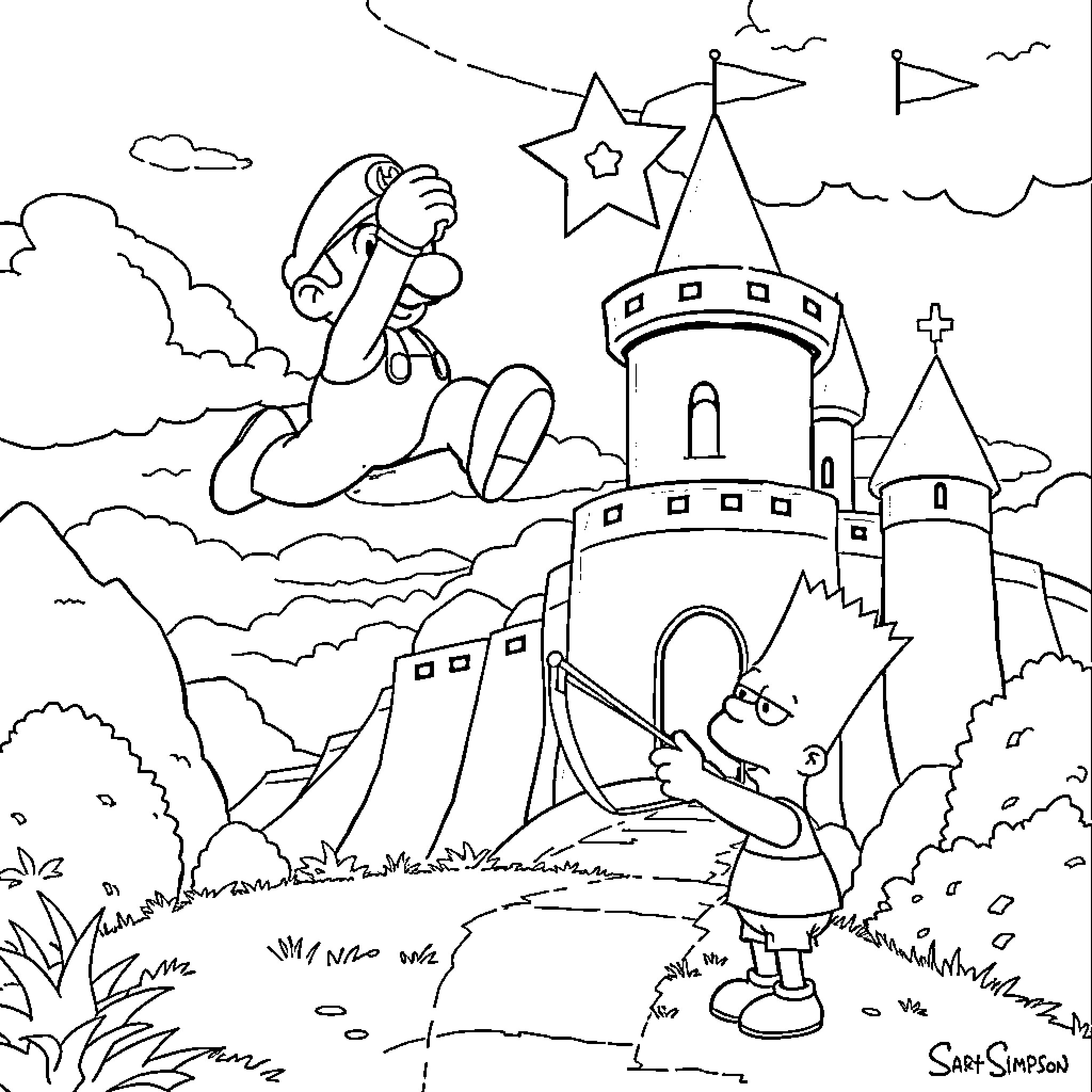 Mario exploring a magical castle and landscape Coloring Page (free black-and-white line drawing printable PDF for all, from beginners to advanced learners, including children, teens, adults, and seniors)