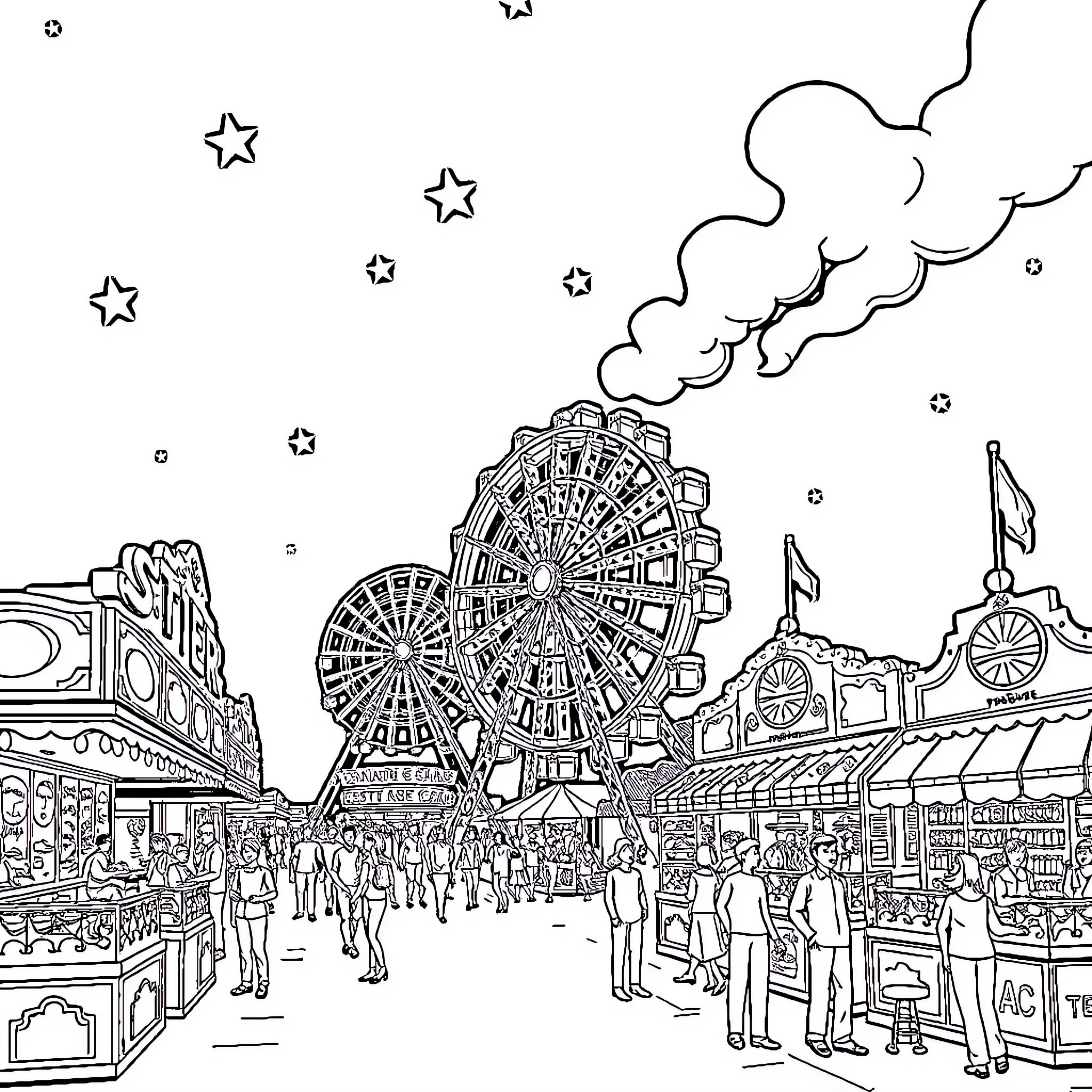 Texas State Fair with festive crowds and attractions Coloring Page (free black-and-white line drawing printable PDF for all, from beginners to advanced learners, including children, teens, adults, and seniors)