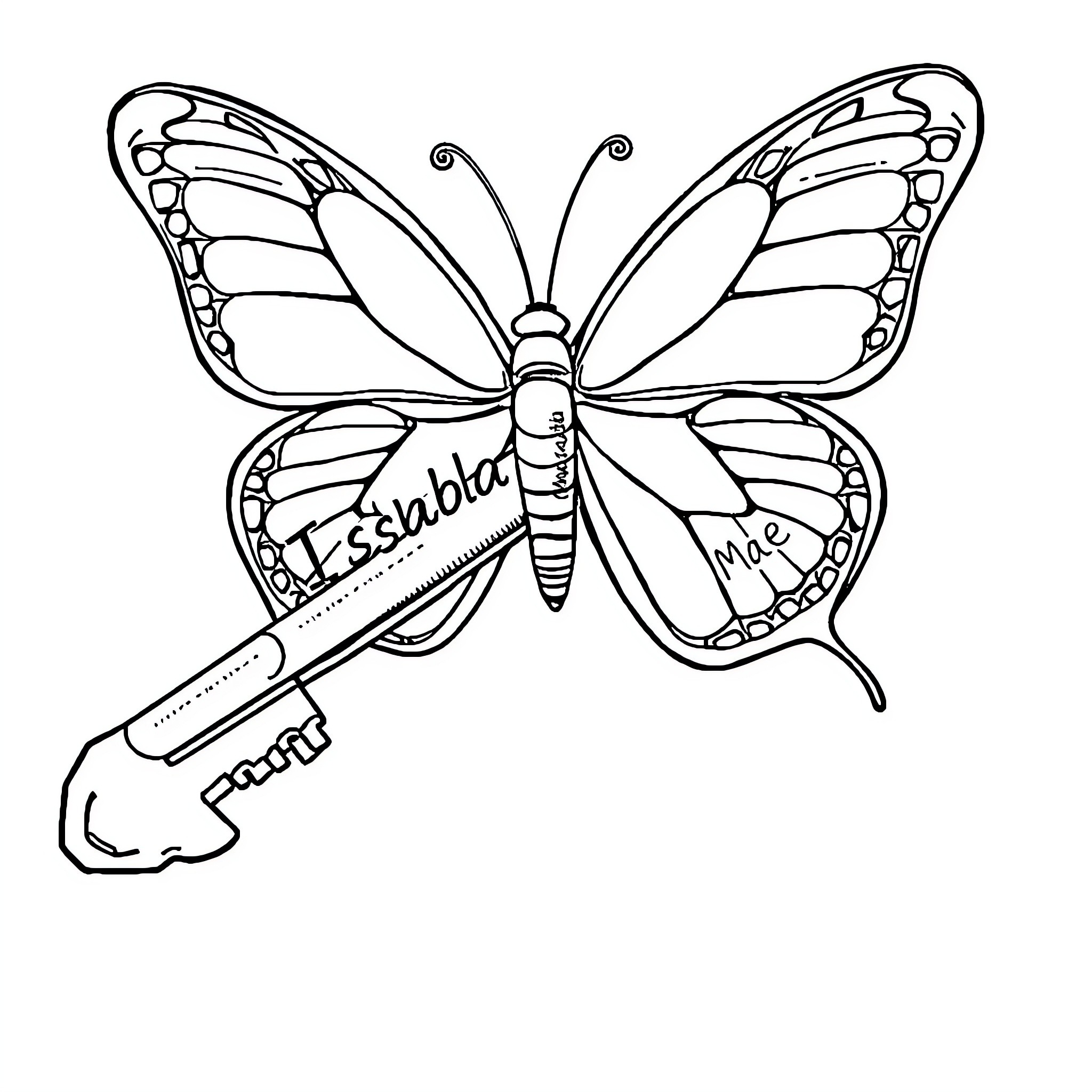 Butterfly with Key and Name Coloring Page (free black-and-white line drawing printable PDF for all, from beginners to advanced learners, including children, teens, adults, and seniors)