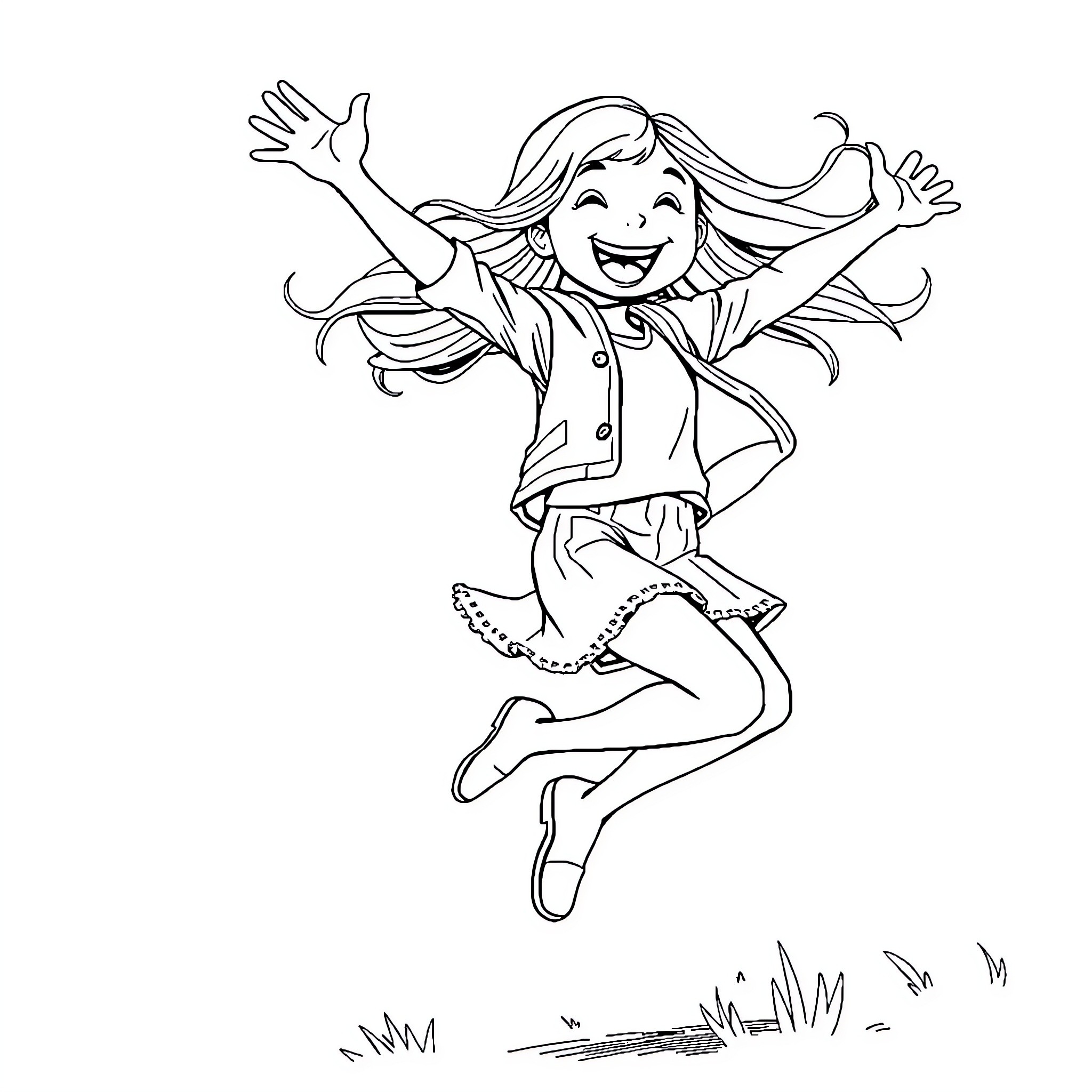 Girl celebrating joyfully in nature Coloring Page (free black-and-white line drawing printable PDF for all, from beginners to advanced learners, including children, teens, adults, and seniors)