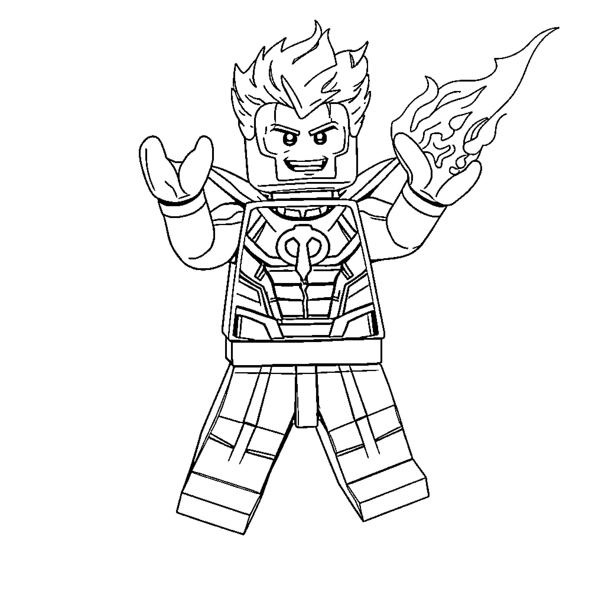 Lego Torch character wielding flames with a joyful expression Coloring Page (free black-and-white line drawing printable PDF for all, from beginners to advanced learners, including children, teens, adults, and seniors)