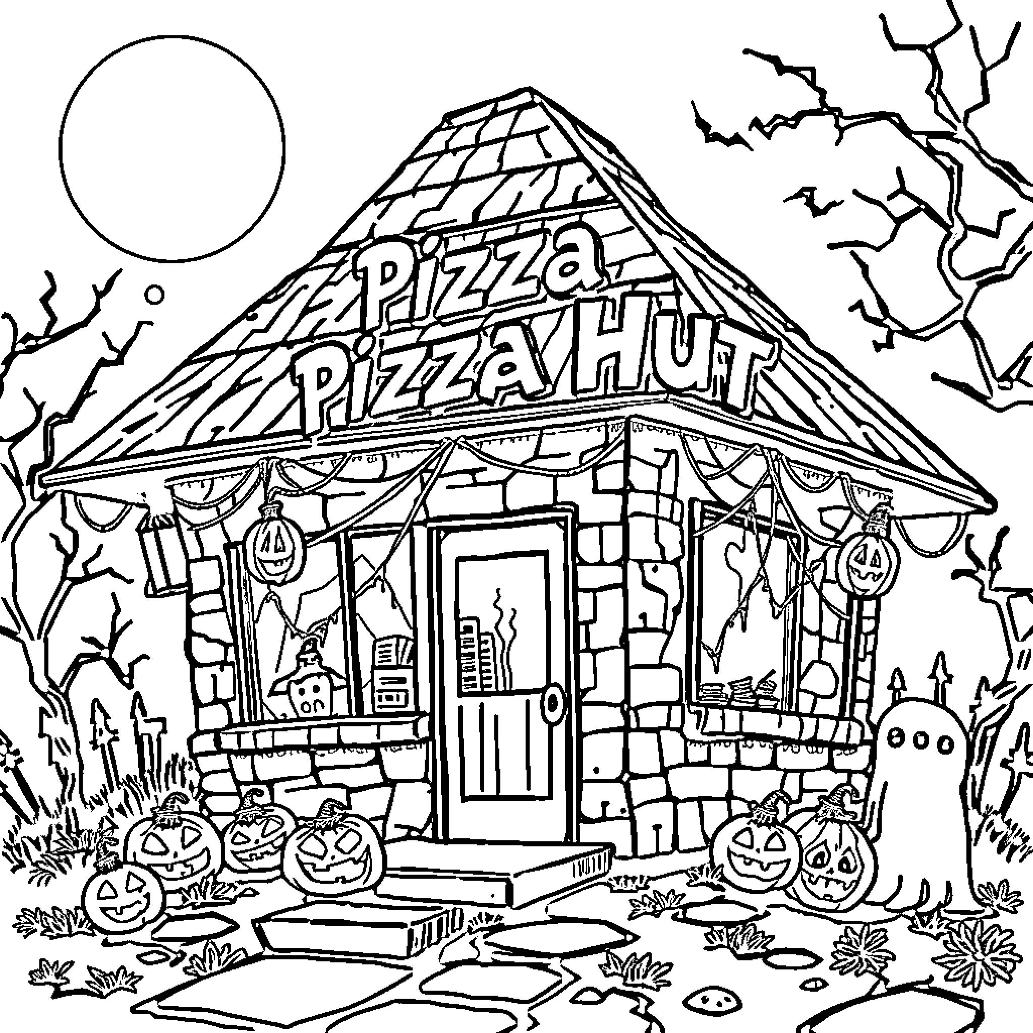 Pizza Hut Spooky Halloween Scene Coloring Page (free black-and-white line drawing printable PDF for all, from beginners to advanced learners, including children, teens, adults, and seniors)