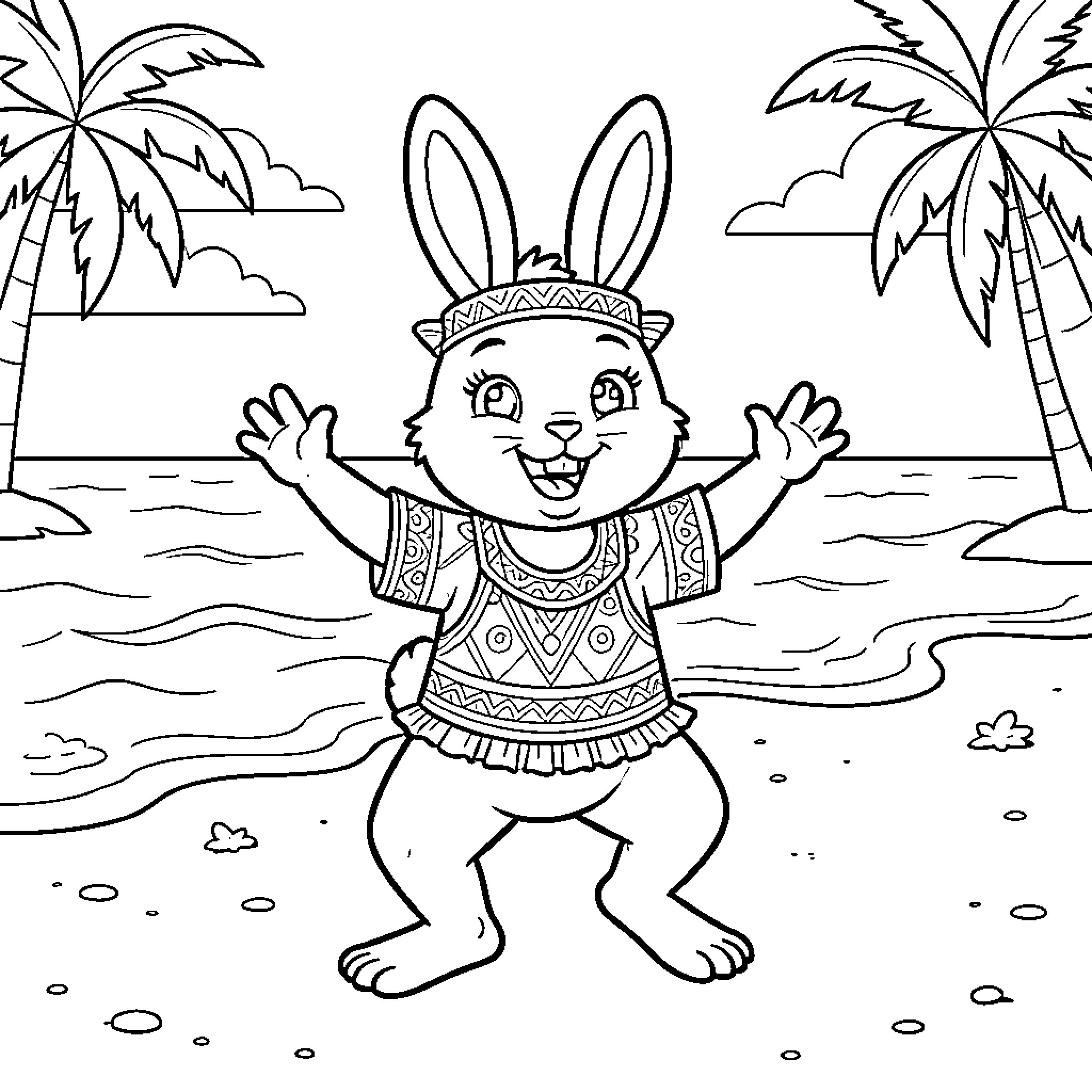 Conejo celebrating on the beach Coloring Page (free black-and-white line drawing printable PDF for all, from beginners to advanced learners, including children, teens, adults, and seniors)