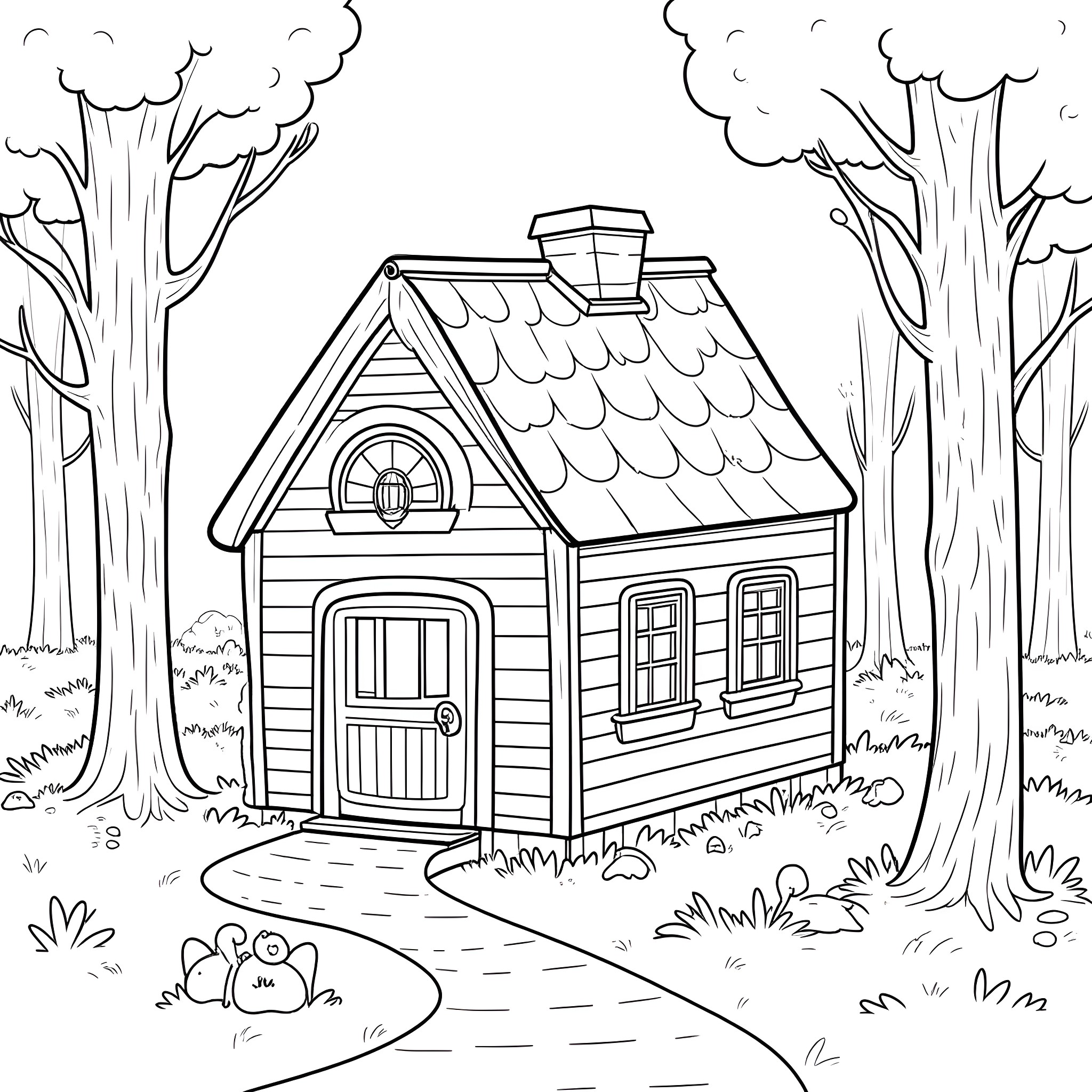 Cabin in the Peaceful Forest Landscape Coloring Page (free black-and-white line drawing printable PDF for all, from beginners to advanced learners, including children, teens, adults, and seniors)