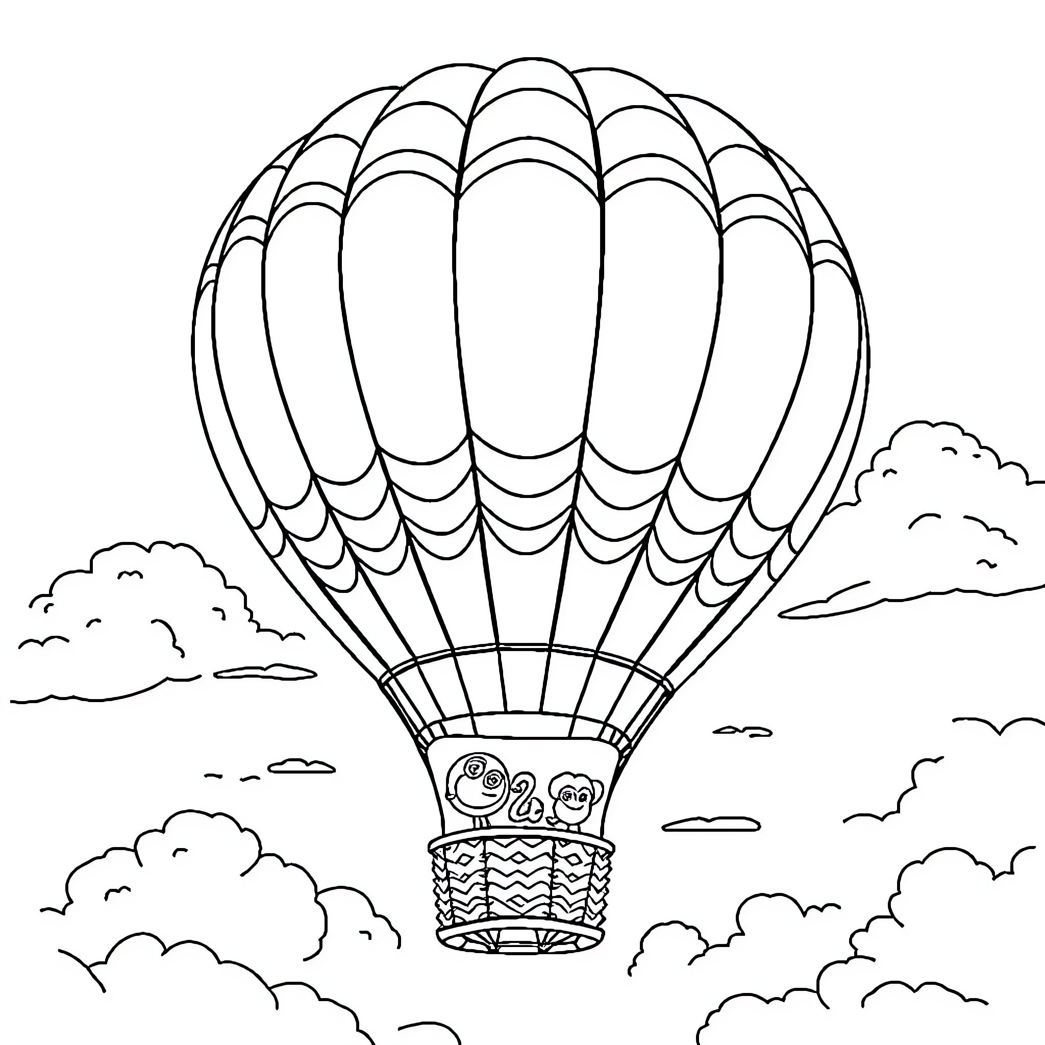 Balonudara floating happily in the sky Coloring Page (free black-and-white line drawing printable PDF for all, from beginners to advanced learners, including children, teens, adults, and seniors)