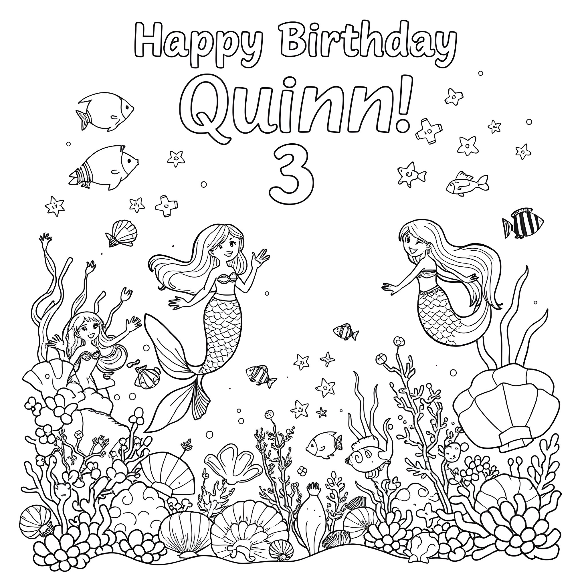 Mermaid's Joyful Birthday Celebration Coloring Page (free black-and-white line drawing printable PDF for all, from beginners to advanced learners, including children, teens, adults, and seniors)