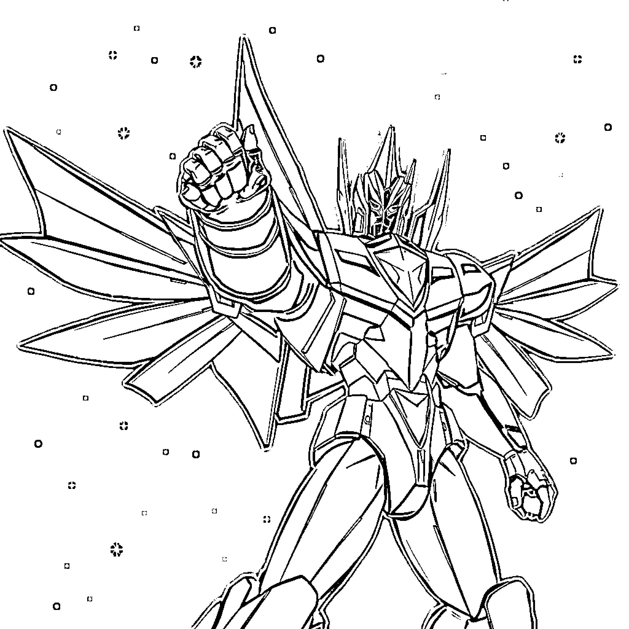 Starscream transforming heroically in space Coloring Page (free black-and-white line drawing printable PDF for all, from beginners to advanced learners, including children, teens, adults, and seniors)