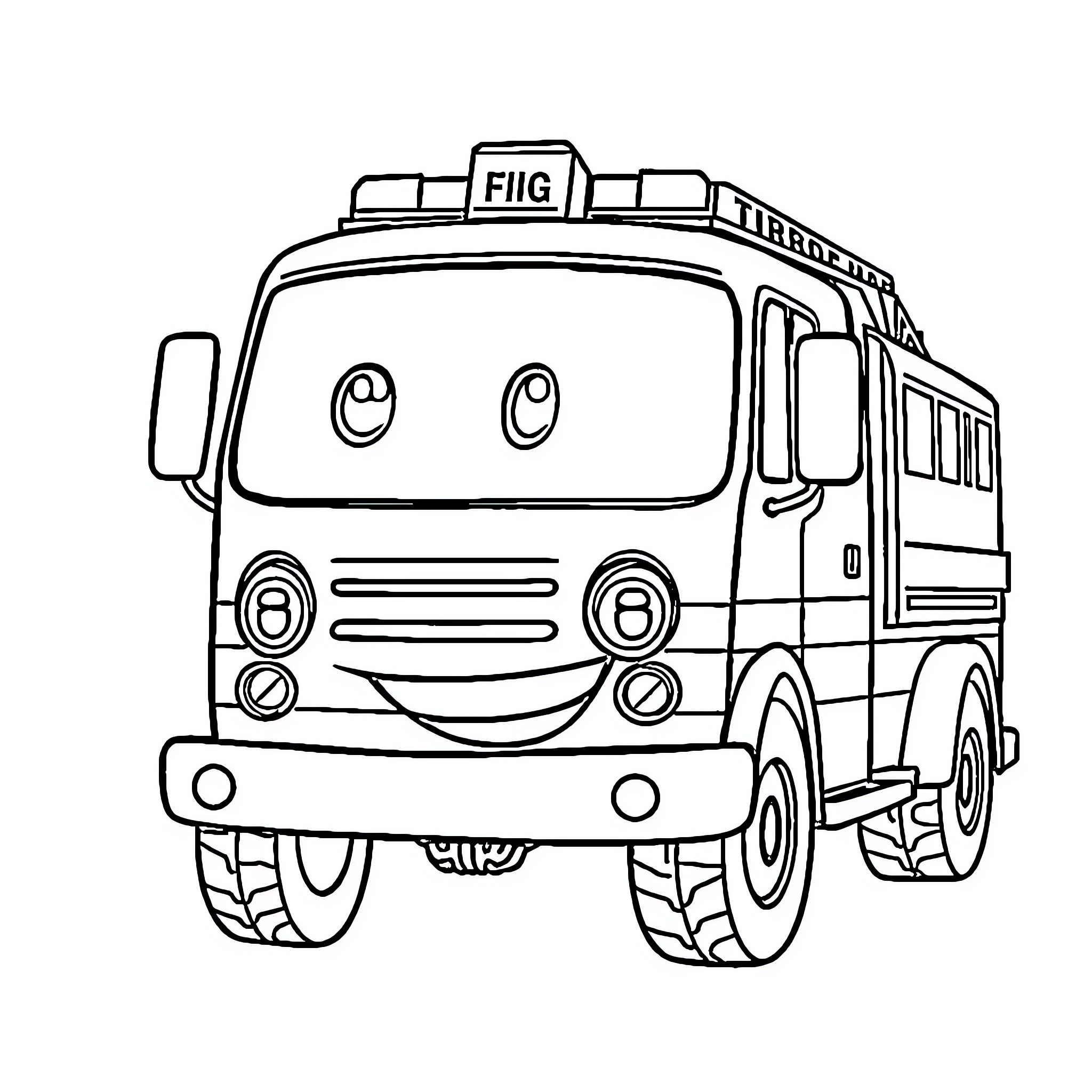 Fire Truck with Smiling Expression Coloring Page (free black-and-white line drawing printable PDF for all, from beginners to advanced learners, including children, teens, adults, and seniors)