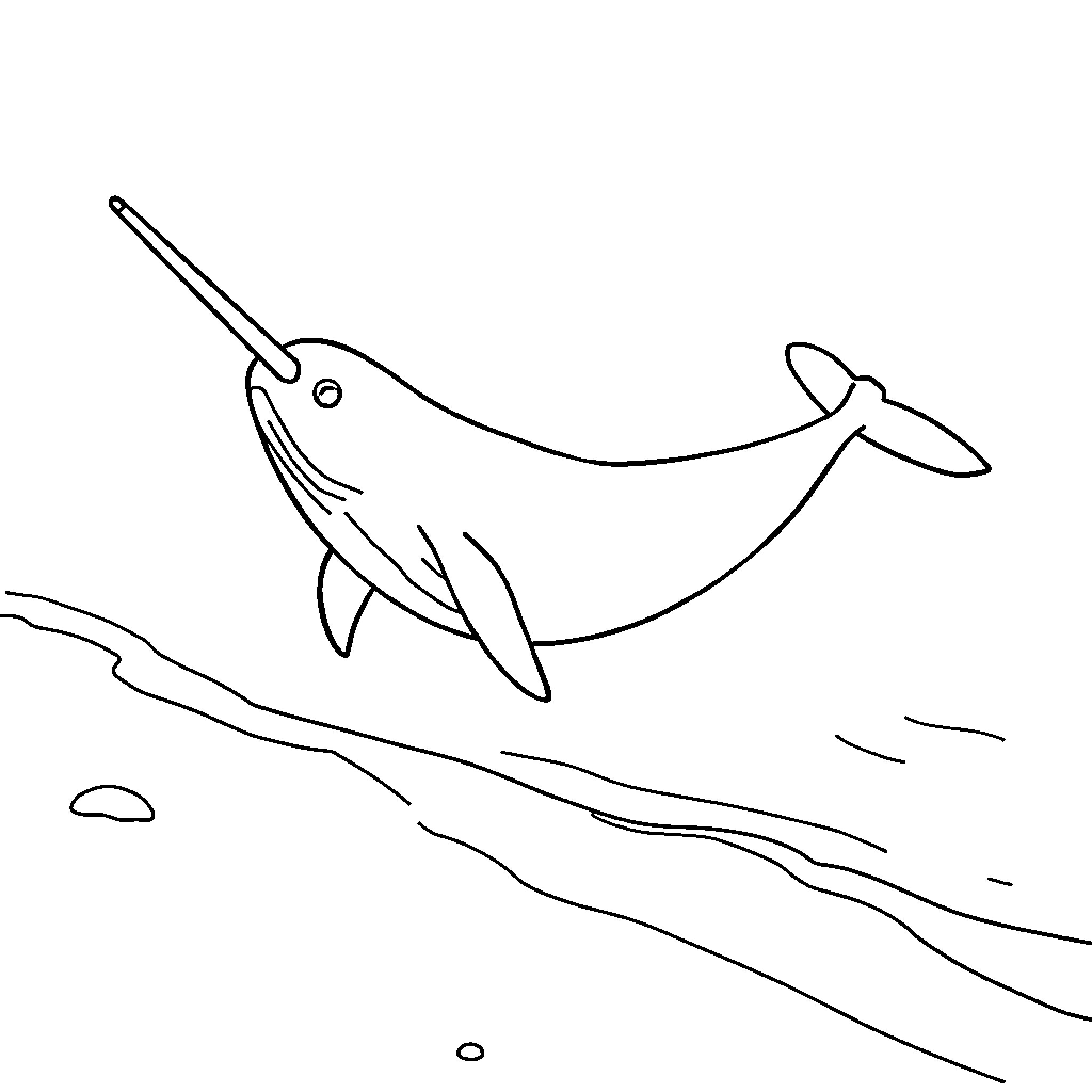 Narwhal swimming gracefully in the ocean Coloring Page (free black-and-white line drawing printable PDF for all, from beginners to advanced learners, including children, teens, adults, and seniors)