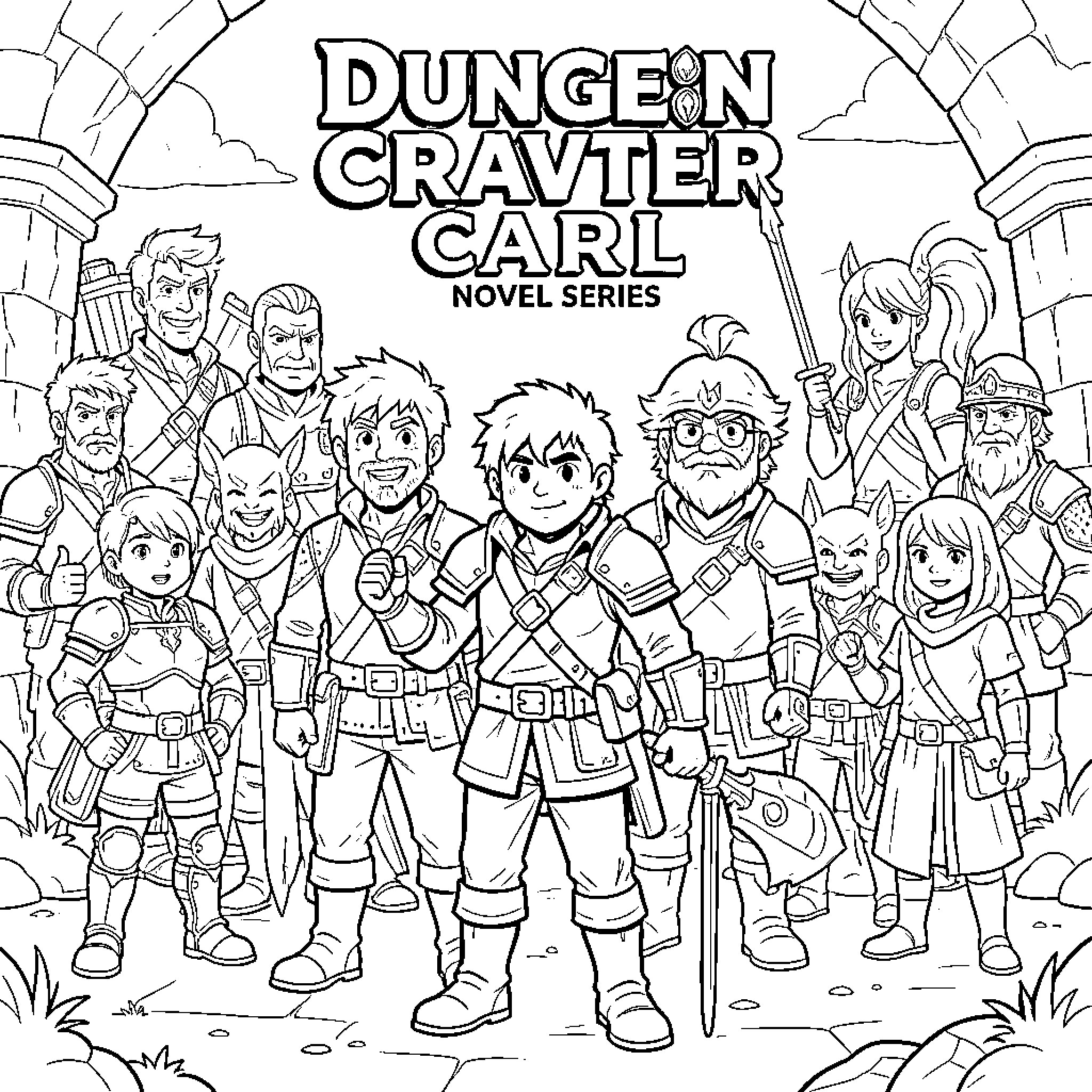 Dungeon Crawler Carl Novel Series: Adventurous Characters in Fantasy Setting Coloring Page (free black-and-white line drawing printable PDF for all, from beginners to advanced learners, including children, teens, adults, and seniors)
