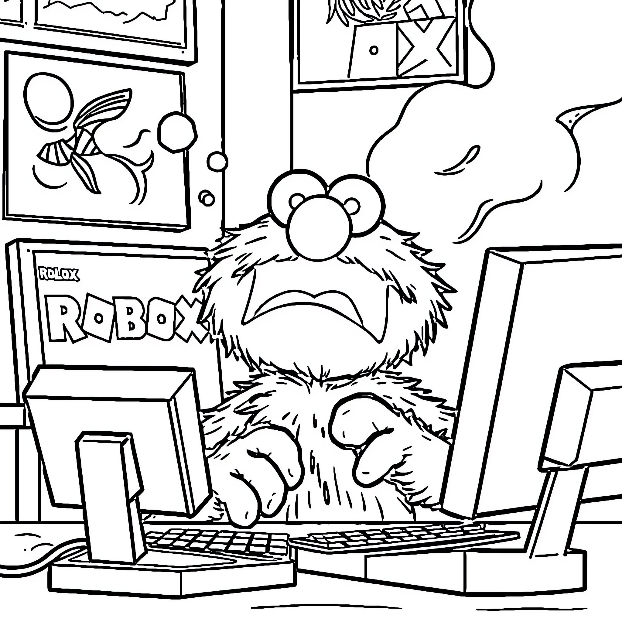 Elmo playing with technology in the office Coloring Page (free black-and-white line drawing printable PDF for all, from beginners to advanced learners, including children, teens, adults, and seniors)