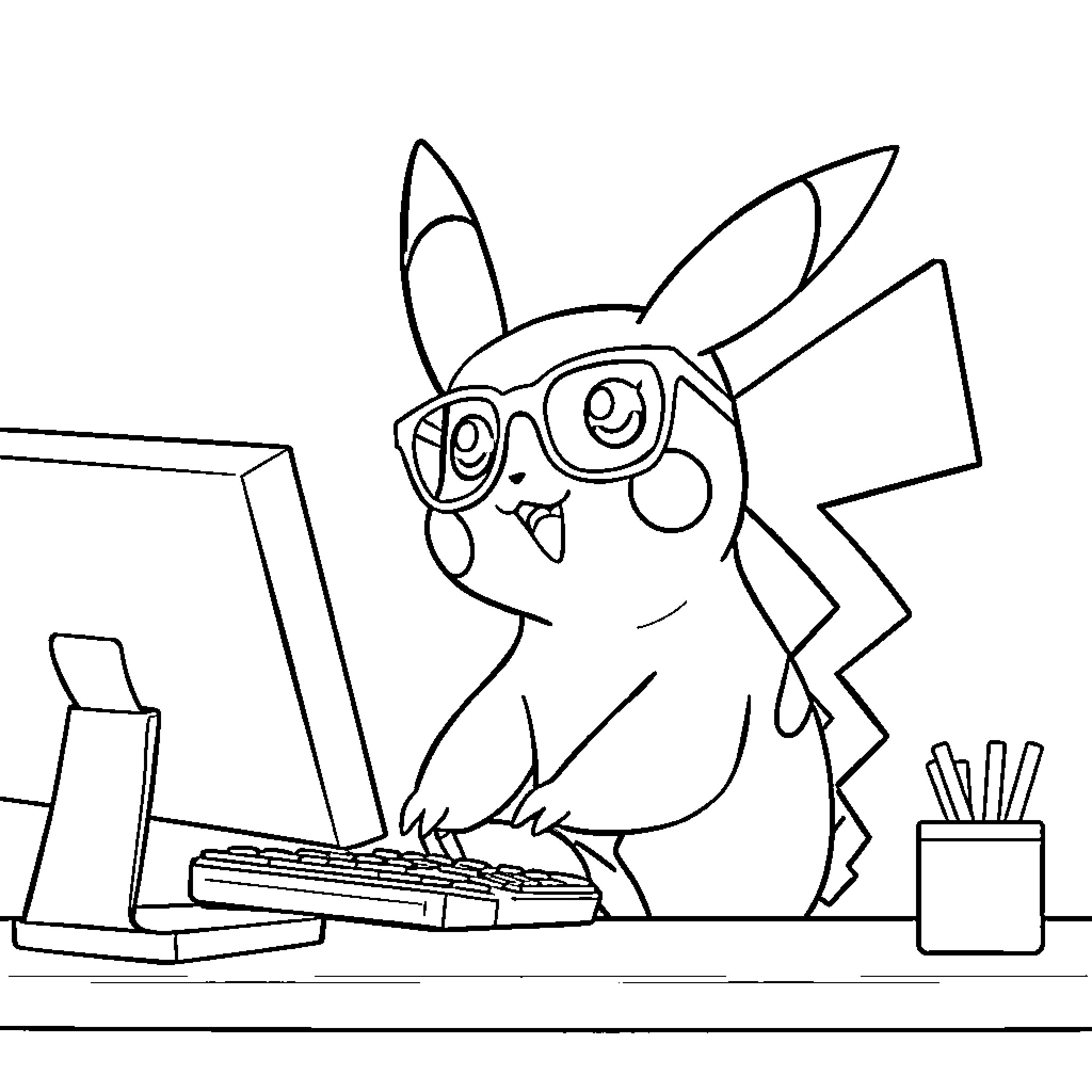 Pikachu working diligently at the computer Coloring Page (free black-and-white line drawing printable PDF for all, from beginners to advanced learners, including children, teens, adults, and seniors)