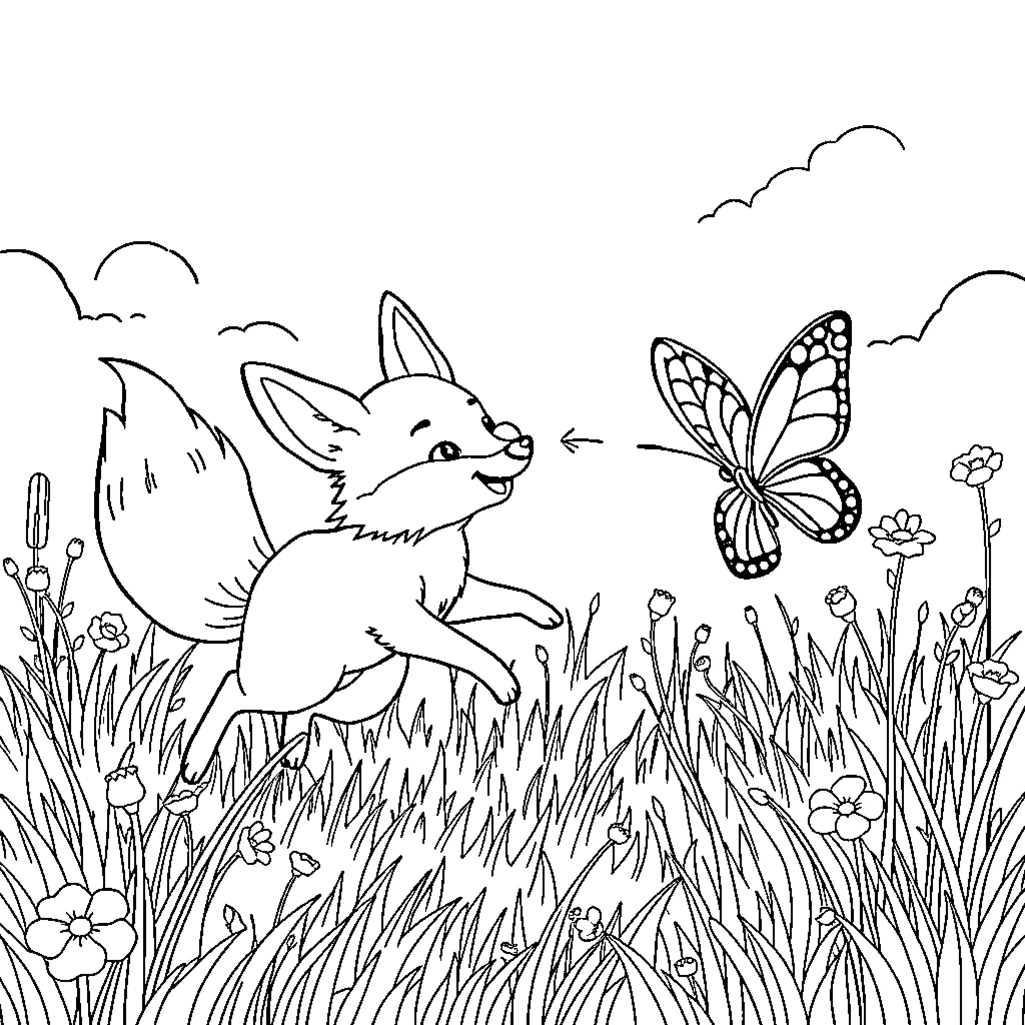 Fox chasing a butterfly in a flower-filled meadow Coloring Page (free black-and-white line drawing printable PDF for all, from beginners to advanced learners, including children, teens, adults, and seniors)