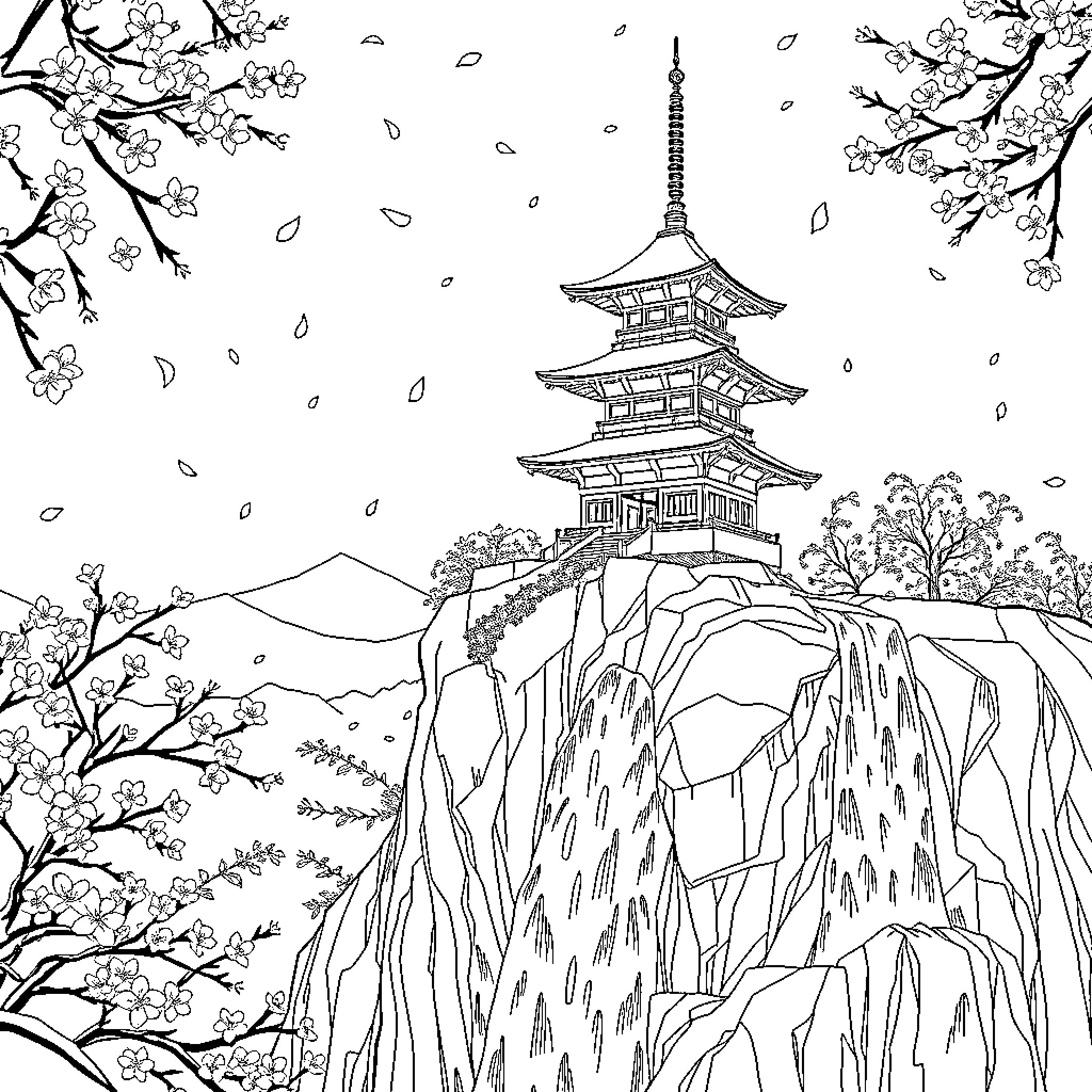 Pagoda on a Mountainous Landscape with Blooming Trees Coloring Page (free black-and-white line drawing printable PDF for all, from beginners to advanced learners, including children, teens, adults, and seniors)