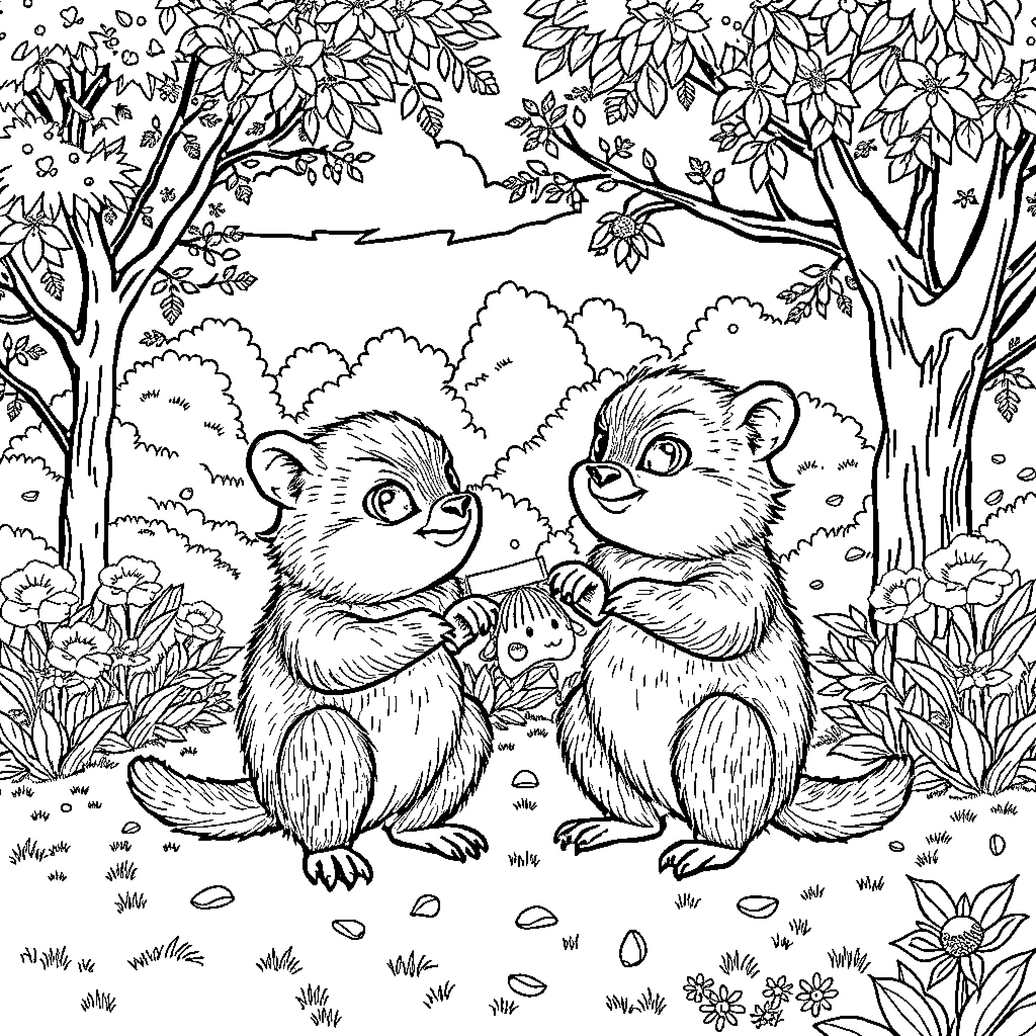 Peluches Critters Enjoying Nature's Tranquility Coloring Page (free black-and-white line drawing printable PDF for all, from beginners to advanced learners, including children, teens, adults, and seniors)